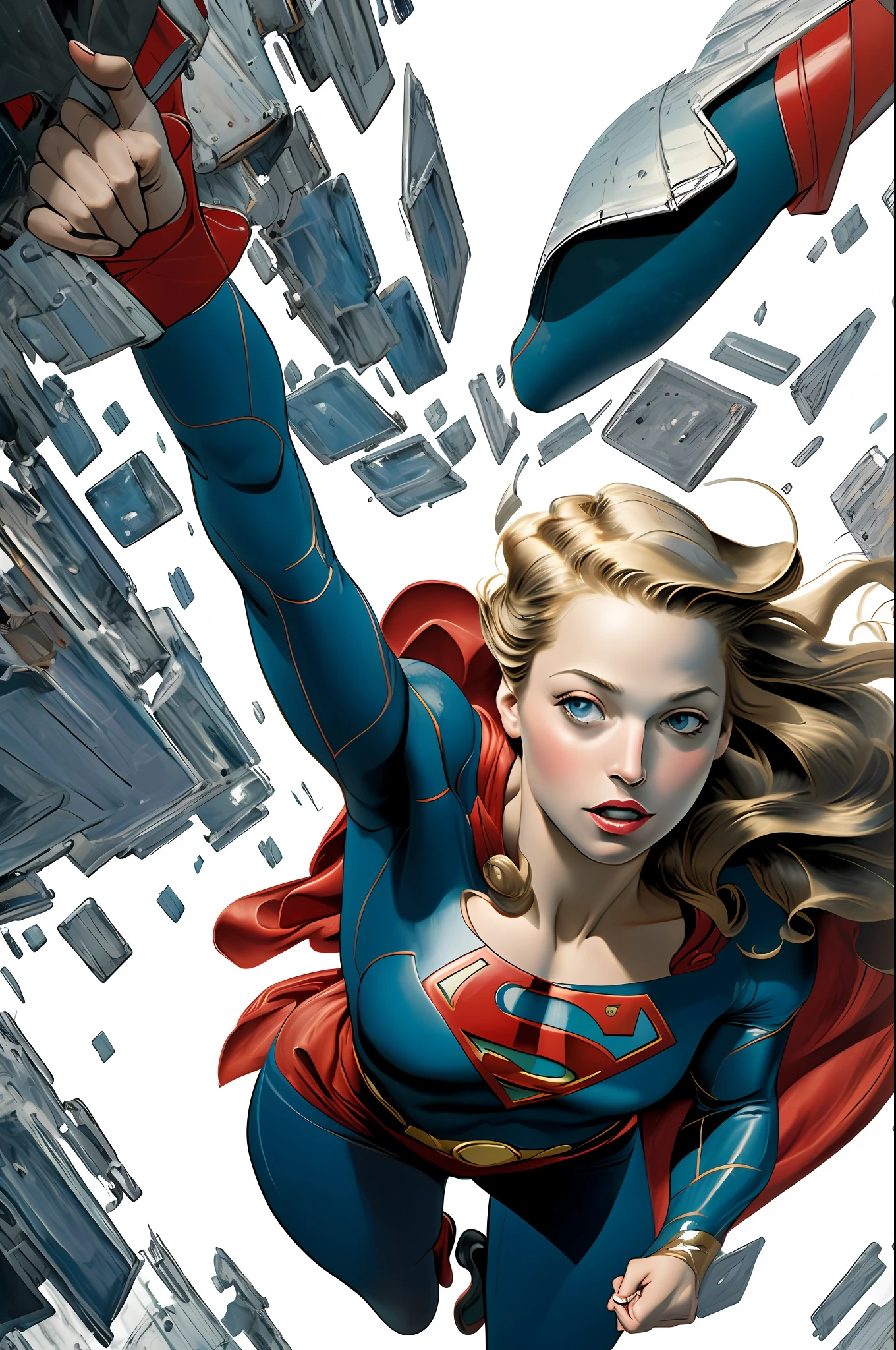 absurd resolution, high resolution, (masterpiece:1.4), super detailed, supergirl, seen from above, space, floating, monochrome, monograph,