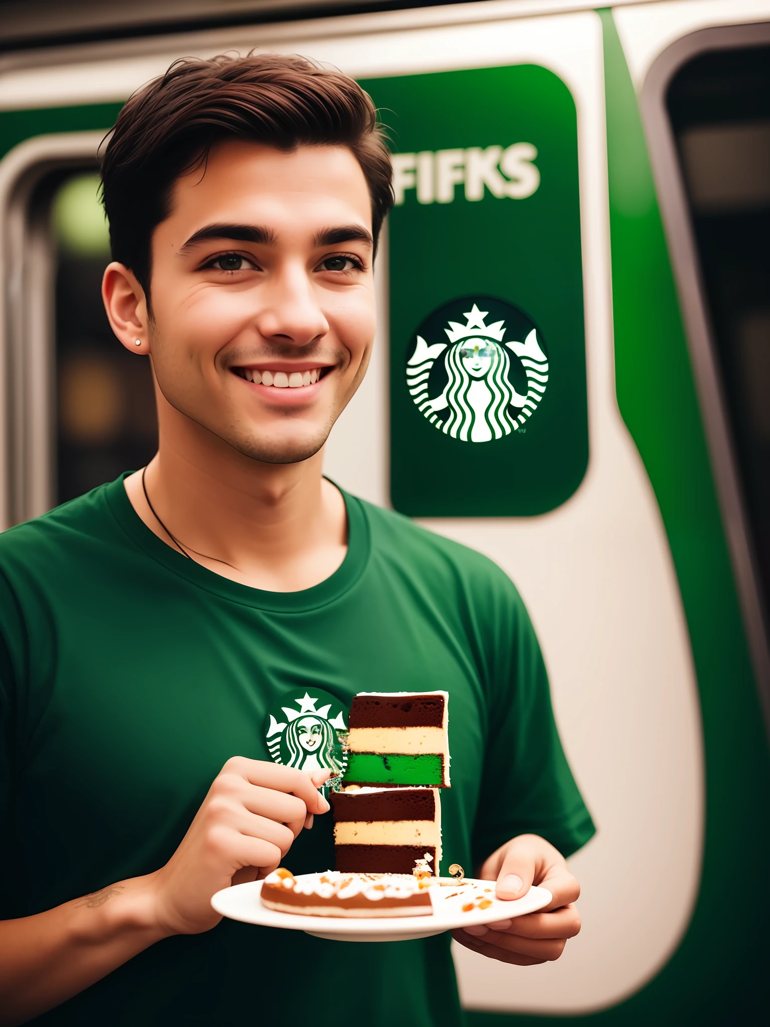 A man wearing starbucks tshirt, standin in a metro train, (eating:1.1) a slice of cake, dark green background, smiling faces, (cyborg:1.1), ([tail | detailed wire]:1.3), (intricate details), hdr, (intricate details, hyperdetailed:1.2), cinematic shot, vignette, centered