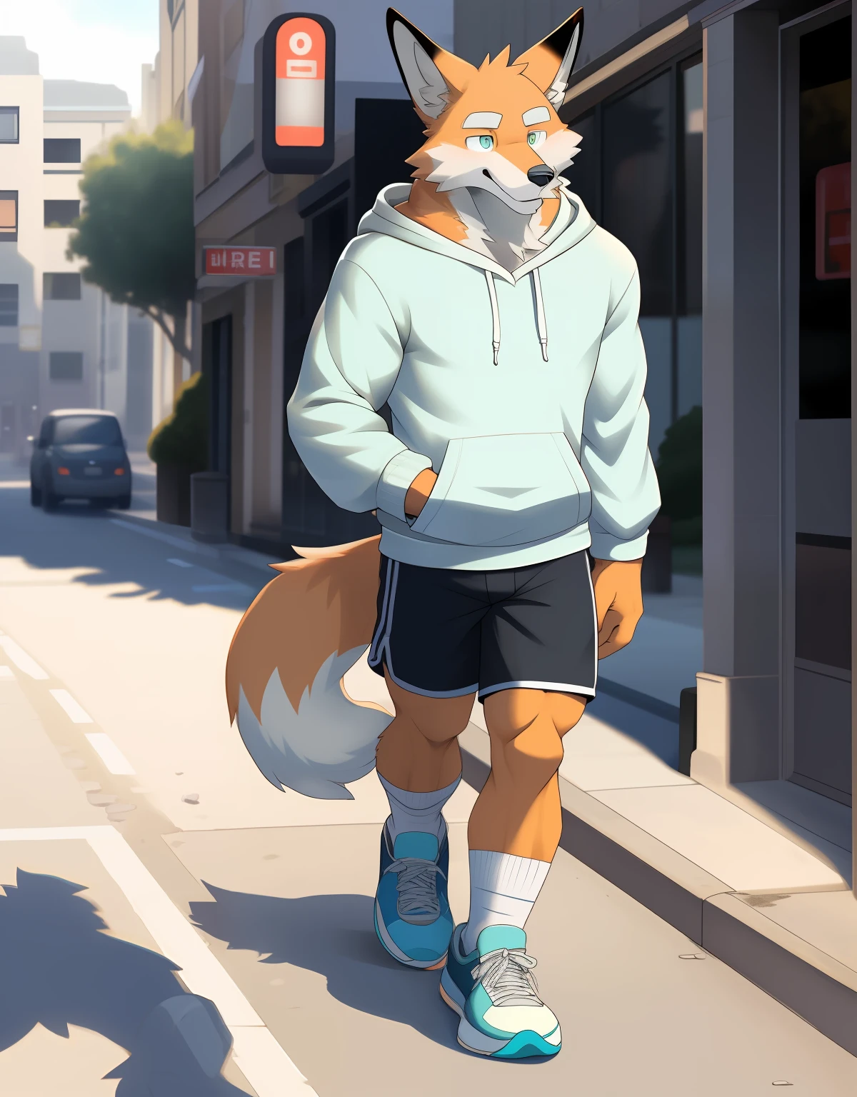 Single, anime, furry, fox, ((white hoodie, gray shorts, white socks, sneakers)), yellow-brown fur, delicate face, delicate cyan eyes, clear eyes, (shadows, masterpiece, detailed), strong body, perfect limbs, mature male, morning street, sunshine