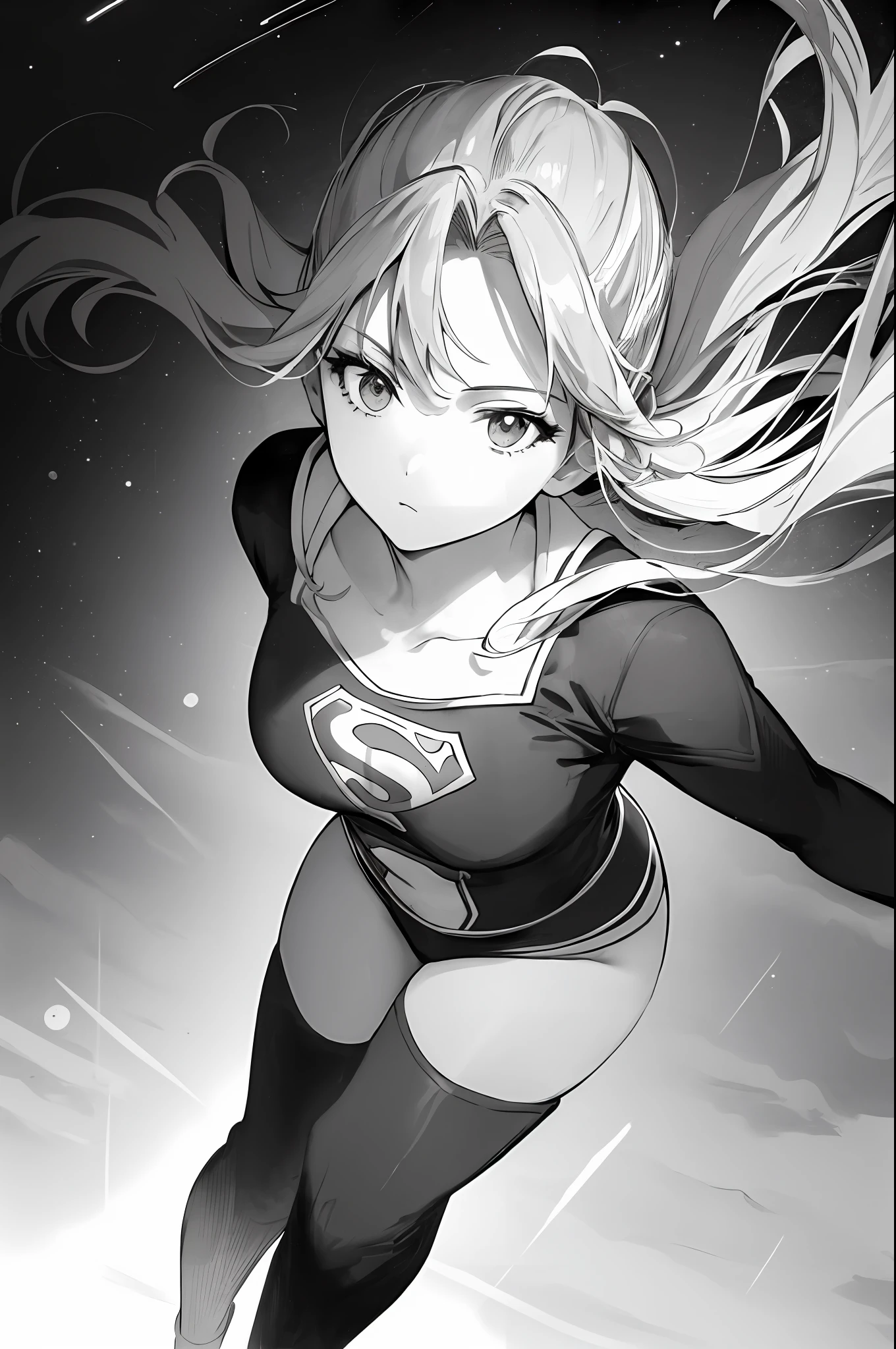 ridiculous resolution, high resolution, (masterpiece:1.4), super detailed, supergirl, seen from above, space, floating, monochrome, line drawing,