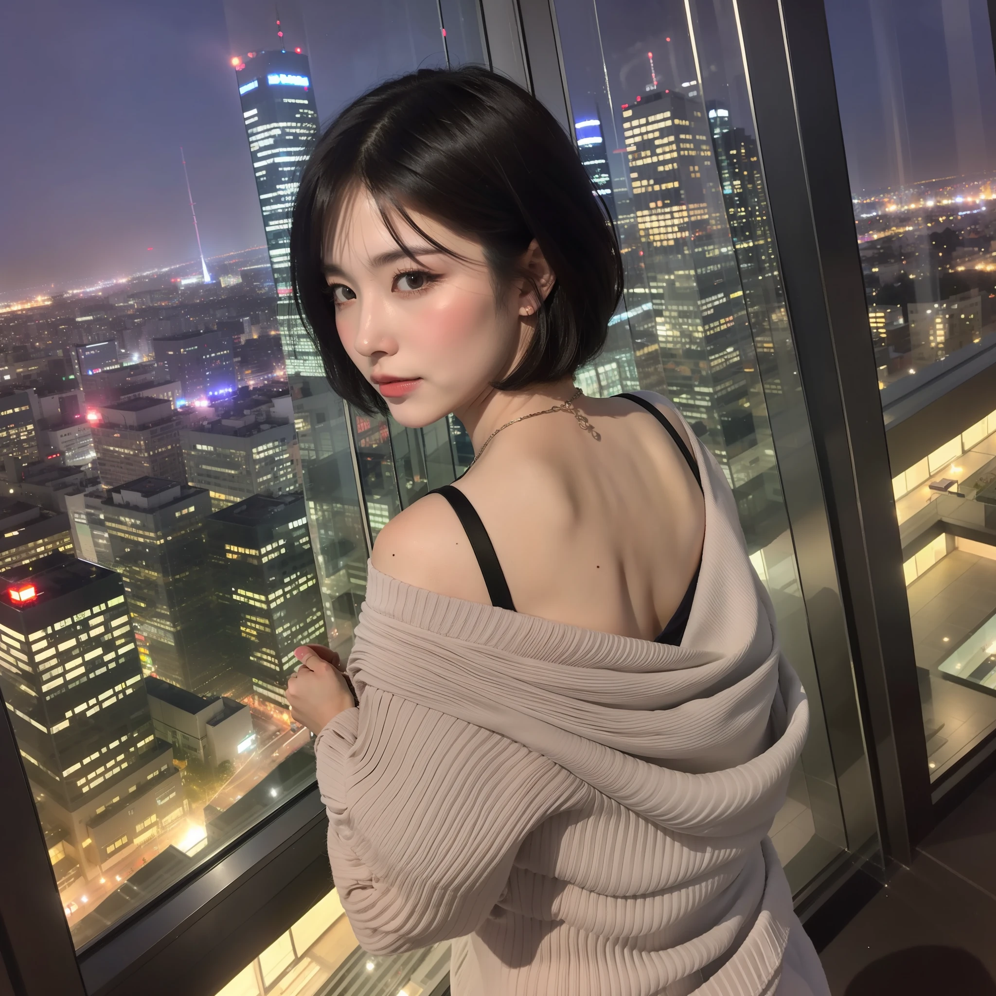 Short black hair, back to the audience, standing in front of floor-to-ceiling windows, city night view, glass reflection
