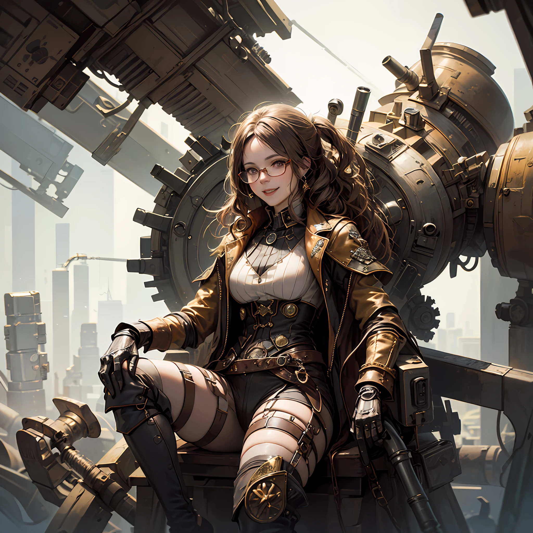 "(woman in steampunk clothes, white skin, light brown hair, glasses, some mechanical parts, smiling at a scrap spider):1.2" --auto