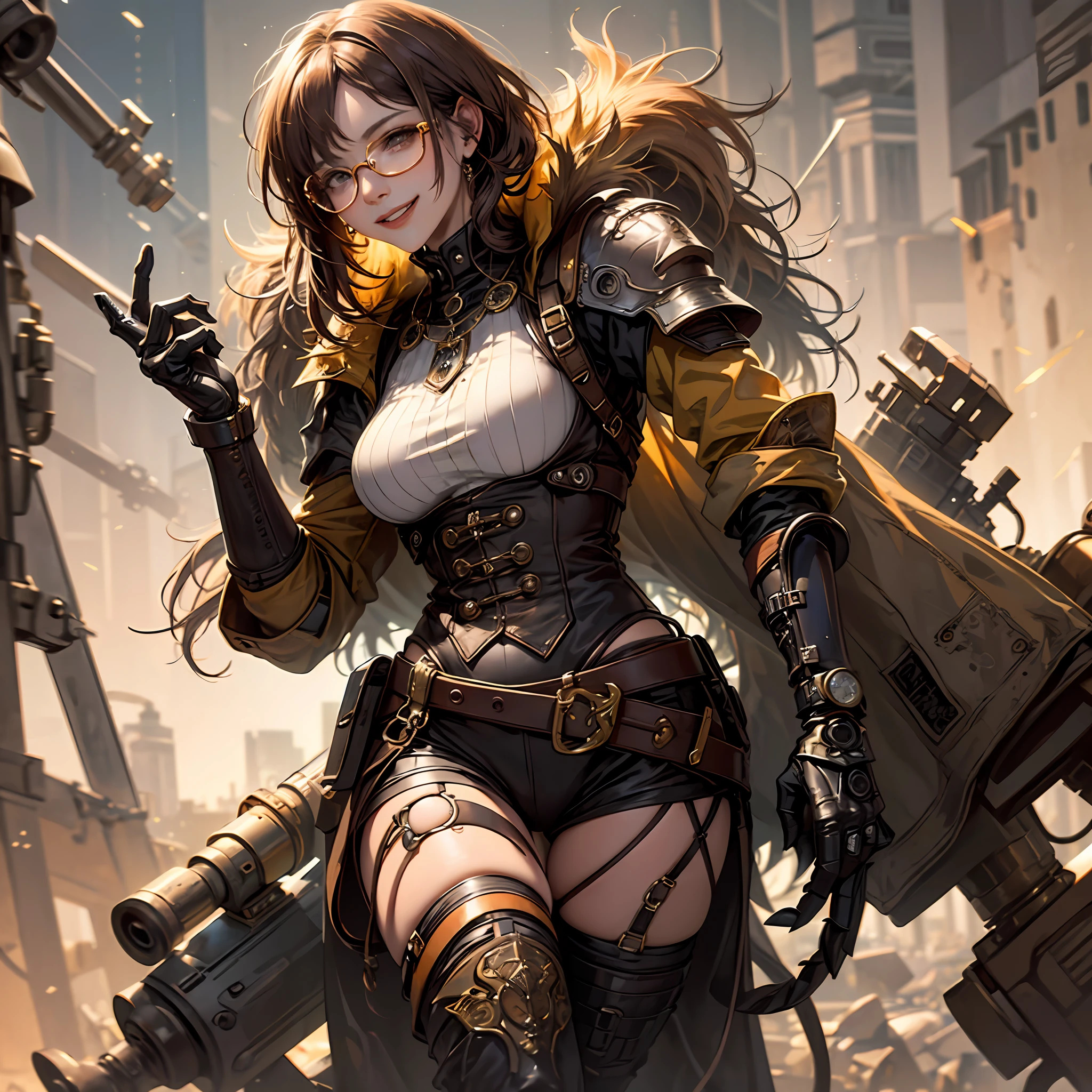 "(woman in steampunk clothes, white skin, light brown hair, glasses, some mechanical parts, smiling at a scrap spider):1.2" --auto