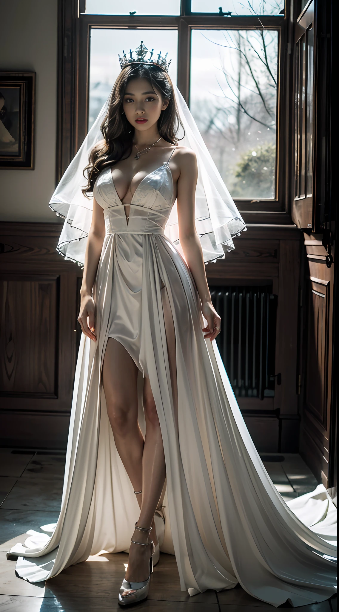 ((Best Quality)), ((Masterpiece)), (Very detailed: 1.3), 3D, NeonNoir, solo, rose, (weird pendant on chest: 1.2), (wearing a rose decorative dress: 1.2), (holding a teddy bear: 1.2), dressed gorgeously, (wearing a crown: 1.2), (wearing a veil: 1.2), candles flashing with an eerie light, (white emanating: 1.1), contemptuous eyes, in a ruined castle, against the window, Sony master shot, Full body, long legs
