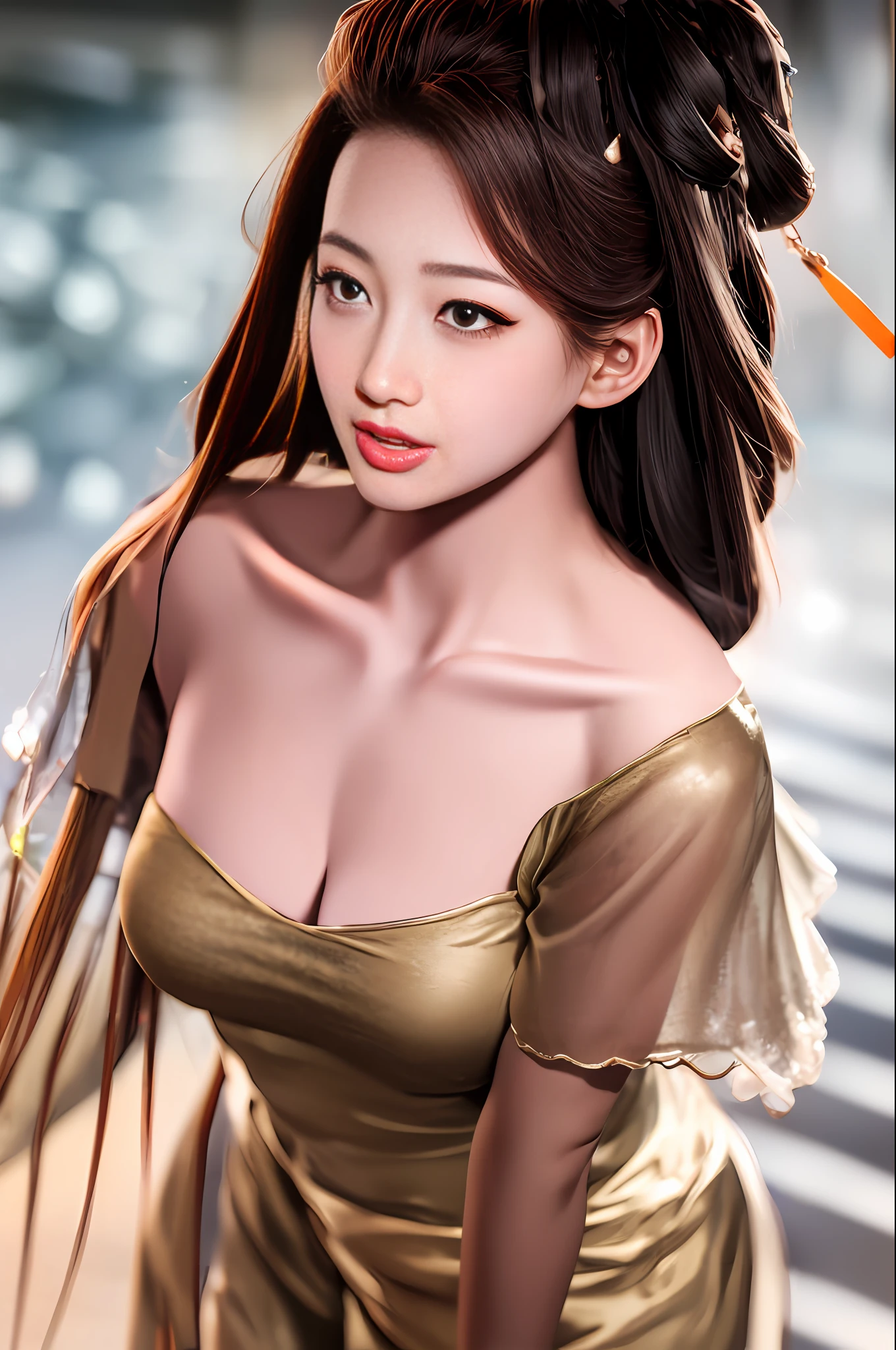 (masterpiece), (best quality), (extremely detailed unity 8k wallpaper), intricate elegant,sharp focus,intricate,
reflections,depth of field,best illumination, best shadow, great lights and contrast,natural lighting,
1girl, solo,medium breasts,cowboy shot,earings,(pantyhose:1.2),(slip dress),cold expression,long hair,
outdoors,street,day