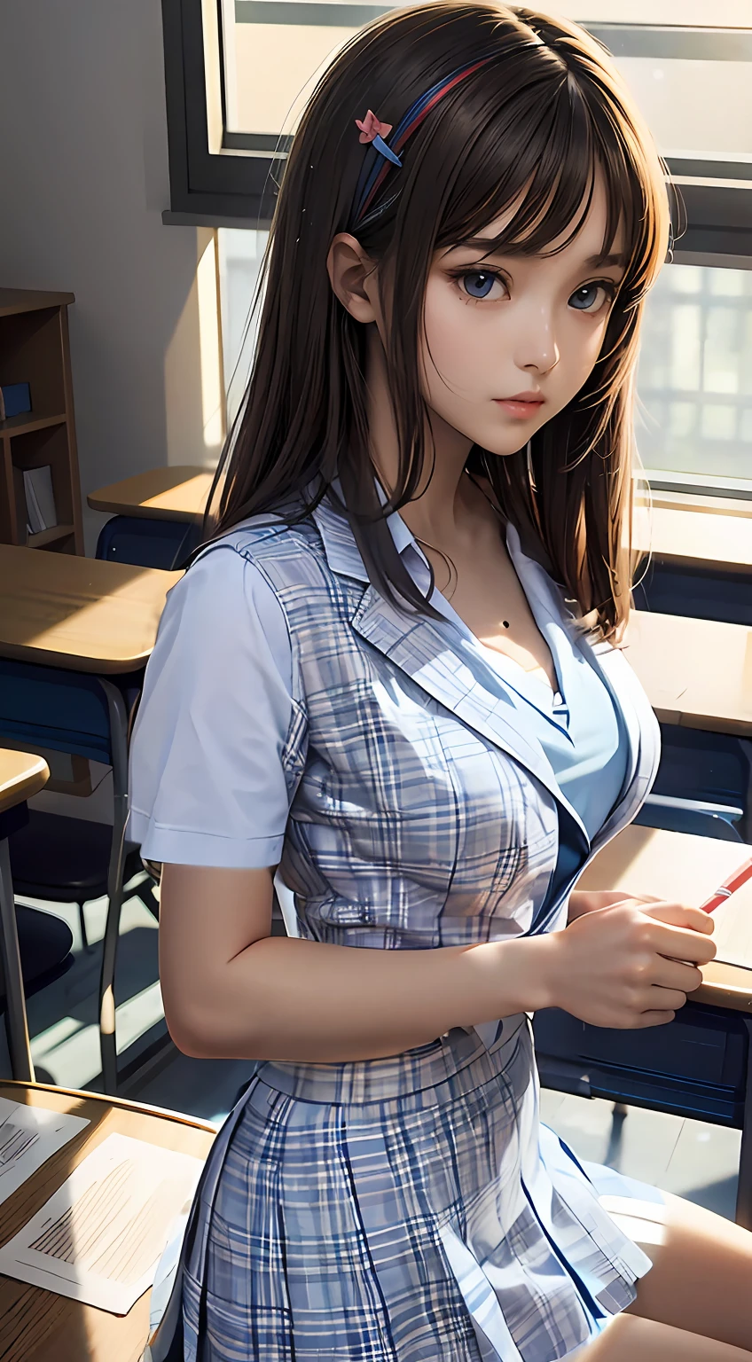 dark blue short-sleeved blazer, dark blue plaid flared skirt,