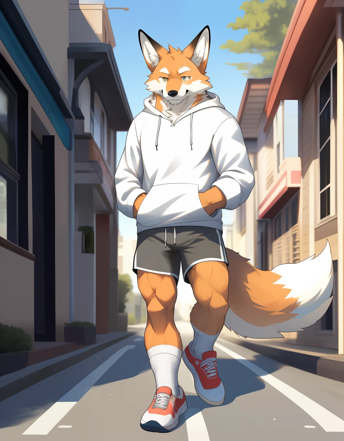 Single, anime, furry, fox, ((white hoodie, gray shorts, white socks, sneakers)), yellow-brown fur, delicate face, delicate cyan eyes, clear eyes, (shadows, masterpiece, detailed), strong body, perfect limbs, mature male, morning street, sunshine