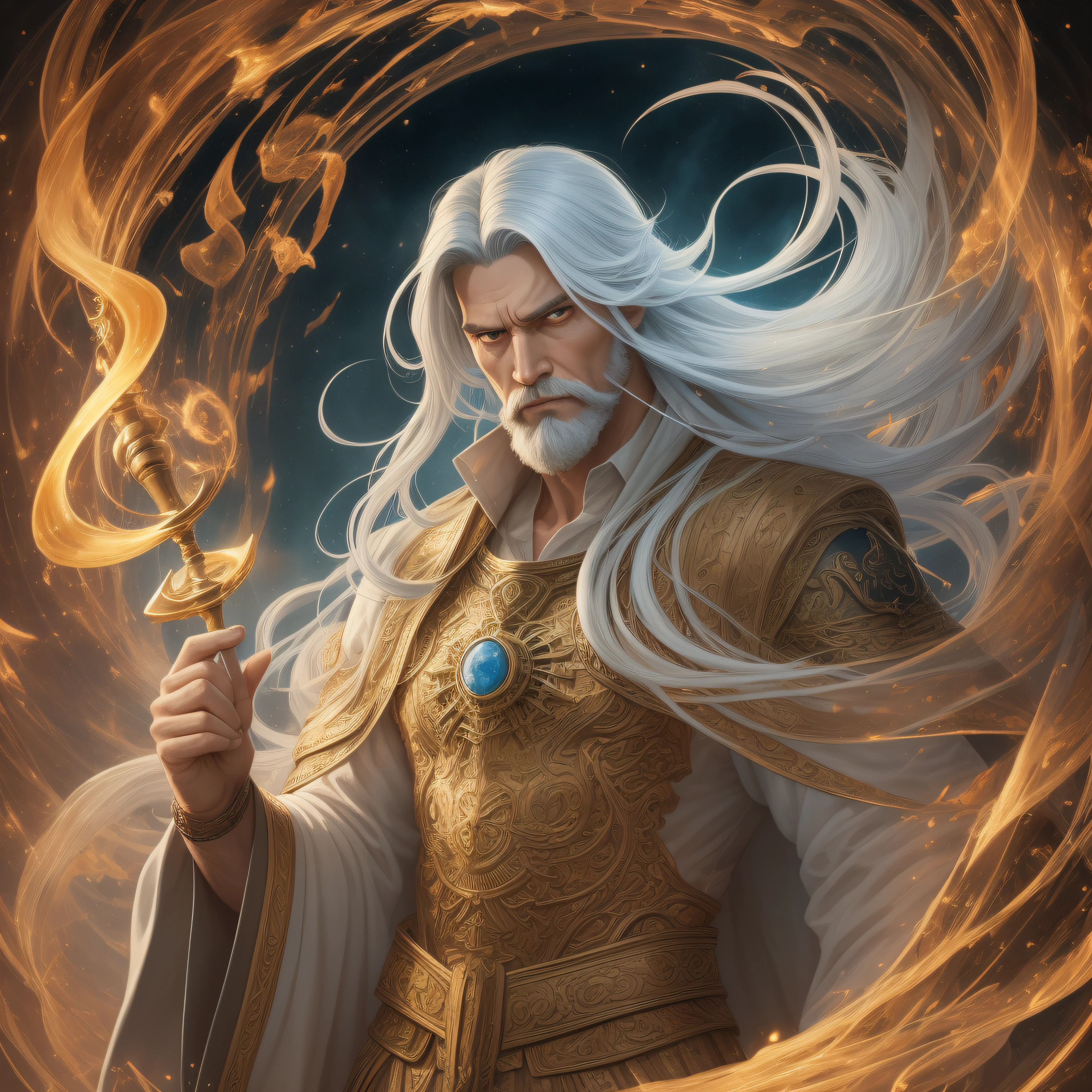 (masterpiece:1.2), (best quality:1.2) 
Magnus, the Arcane Sorcerer, is depicted in a drawing with an air of wisdom and mystery. His appearance is marked by distinctive traits and magical elements that underscore his nature as a powerful manipulator of magic.
Magnus possesses a medium-tall stature and a lean build, reflecting his intellectual and concentrated nature. Her hair is long and white, cascading down to her shoulders, giving her an air of wisdom and experience. His beard, also white and well groomed, adds a touch of authority and maturity to his figure.
His eyes, deeply enigmatic, are a piercing shade of blue, denoting his vast knowledge and arcane power. They glow with an intense glow, revealing the depth of their connection to the mystical secrets of Alantia.
Dressed in long, flowing robes, Magnus conveys an air of magic and mysticism. The robes are decorated with arcane symbols and ancient runes, which represent the magical elements and energies he commands. The fabric flows around it, creating an effect of movement and dynamism, as if it were constantly wrapped in an aura of power.
Magnus holds a magnificent staff, adorned with inlaid gems and intricate carvings. The staff emanates a soft glow, indicating his mastery over the magical energies. He is an extension of his will, amplifying and channeling his spells with precision.
Magnus' posture is upright and confident, conveying his confidence in his powers and his ability to face any magical challenge that may arise. His face is usually serious, demonstrating concentration and determination as he manipulates the forces of the occult.
The setting around Magnus can vary depending on the context of the drawing. It can be a mystical laboratory, full of ancient jars and scrolls, or a magical environment with fantastic elements such as floating crystals or ethereal mist.