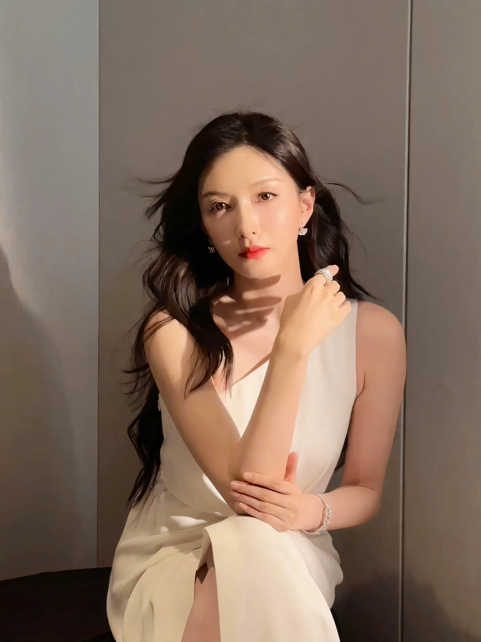 araffe woman in a white dress sitting on a stool, xintong chen, wenfei ye, gorgeous chinese model, sha xi, inspired by Huang Ji, inspired by Zhang Yin, inspired by Tang Yifen, ruan jia beautiful!, inspired by Zhang Shuqi, xision wu, inspired by Wang Shimin, xianxia, yanjun chengt