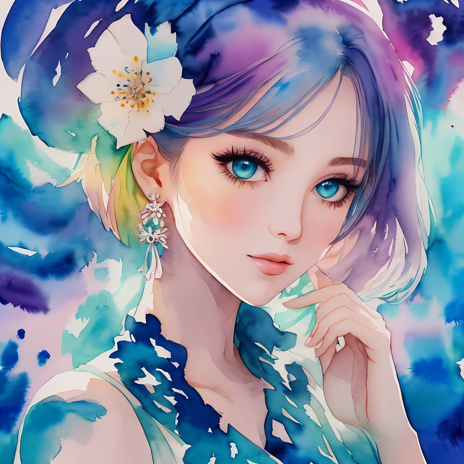 (Best Quality), (Masterpiece: 1.2), (Colorful: 0.9), (Ink Splash), (Color Splash), ((Watercolor)), Sharp Focus, (Portrait Summer Goddess: 1.5), Cute Look, Elegant Pastel Haircut, Beautiful and Detailed Face and Eyes, Elegant Clothes, Summer Sea Background, Colored Water