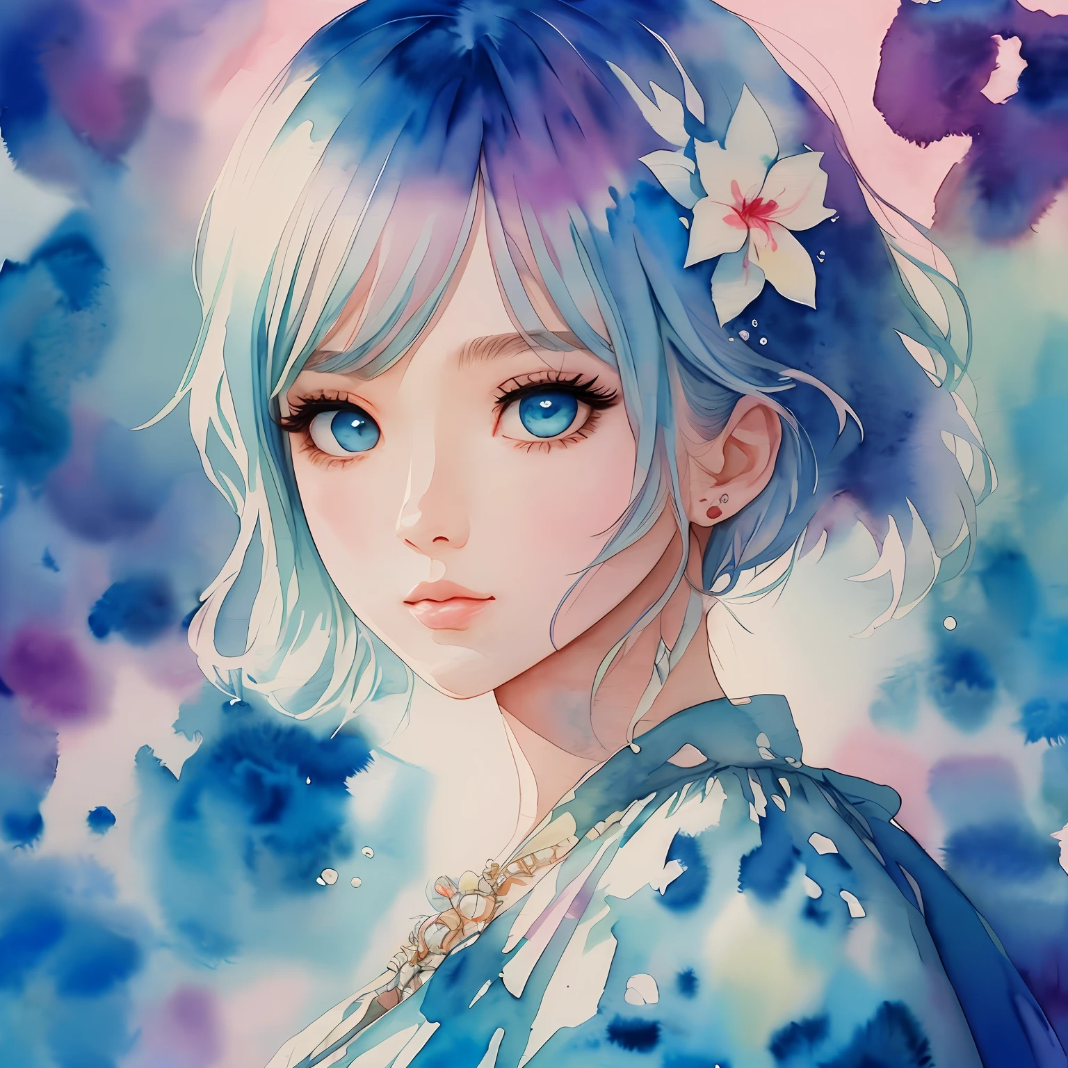 (Best Quality), (Masterpiece: 1.2), (Colorful: 0.9), (Ink Splash), (Color Splash), ((Watercolor)), Sharp Focus, (Portrait Summer Goddess: 1.5), Cute Look, Elegant Pastel Haircut, Beautiful and Detailed Face and Eyes, Elegant Clothes, Summer Sea Background, Colored Water