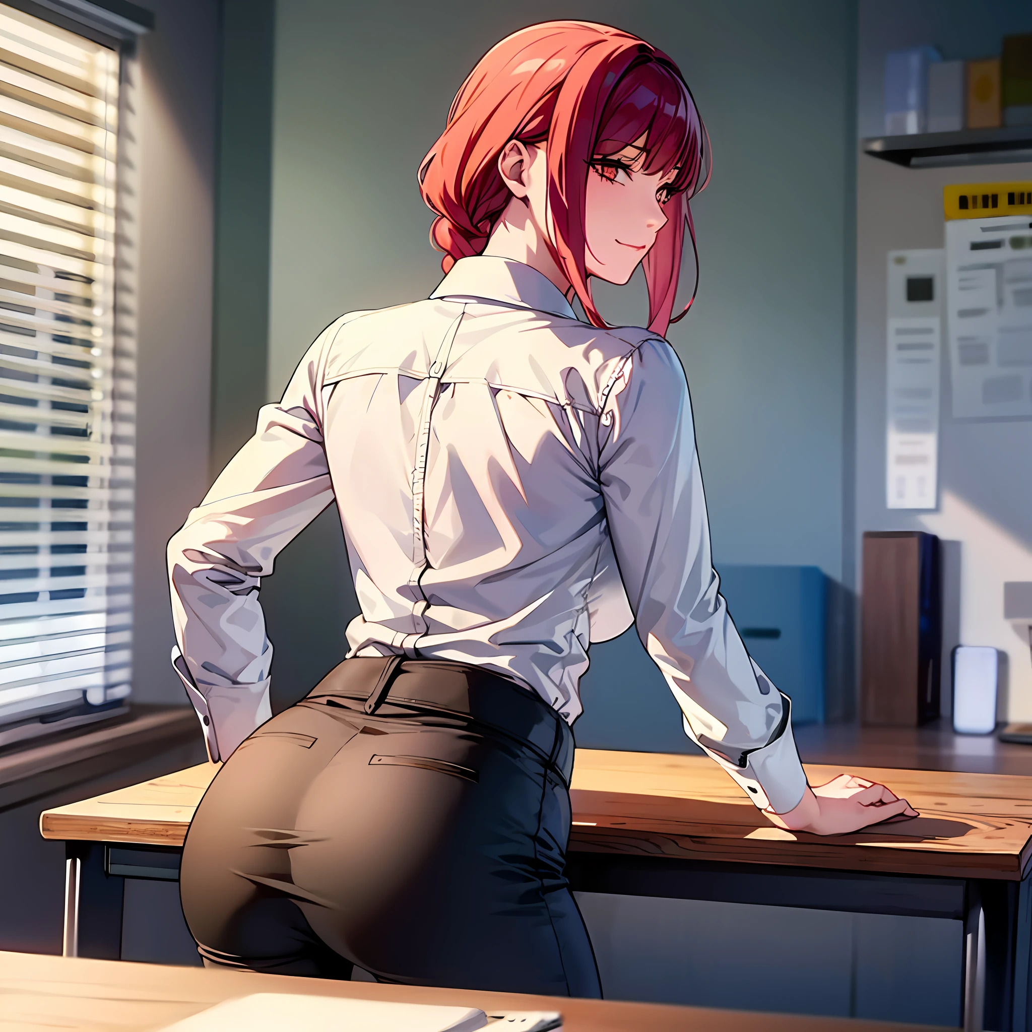 (masterpiece, best quality:1.2), from behind, solo, 1girl, makima, slight pervert smile, closed mouth, looking back, braided ponytail, ringed eyes, white shirt, black pants, bent forward, hands on desk, bent on desk, pervert, ultra detailed, beautiful body, best quality, red hair, office pants, necktie, chainsaw man anime, sexy, full body, nice booty, formal, suit, collared_shirt, pants, office