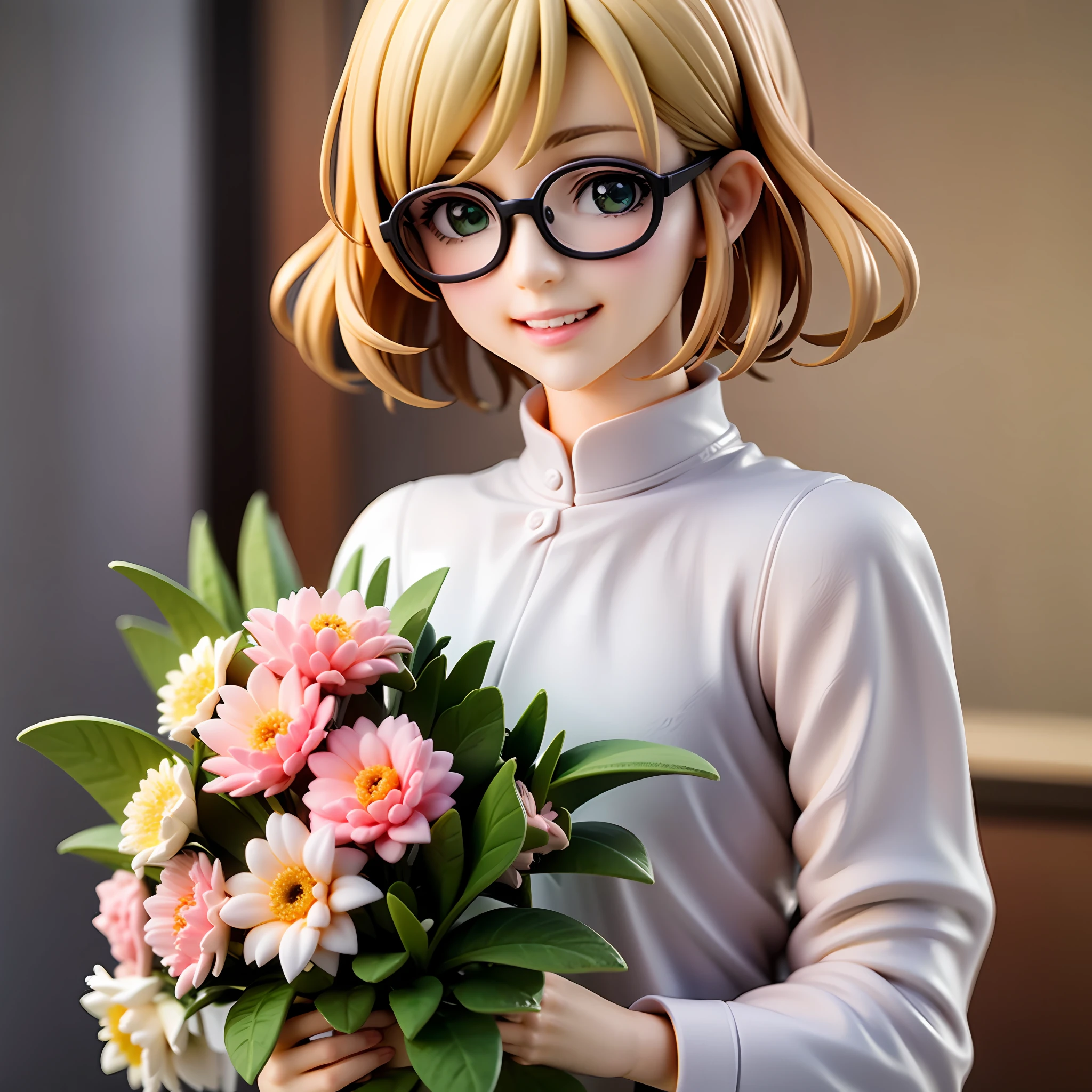 girl, blond hair, short hair, , green eyes, round glasses, smile, happiness, upper body, white blouse, bouquet, holding a bouquet with both hands,
