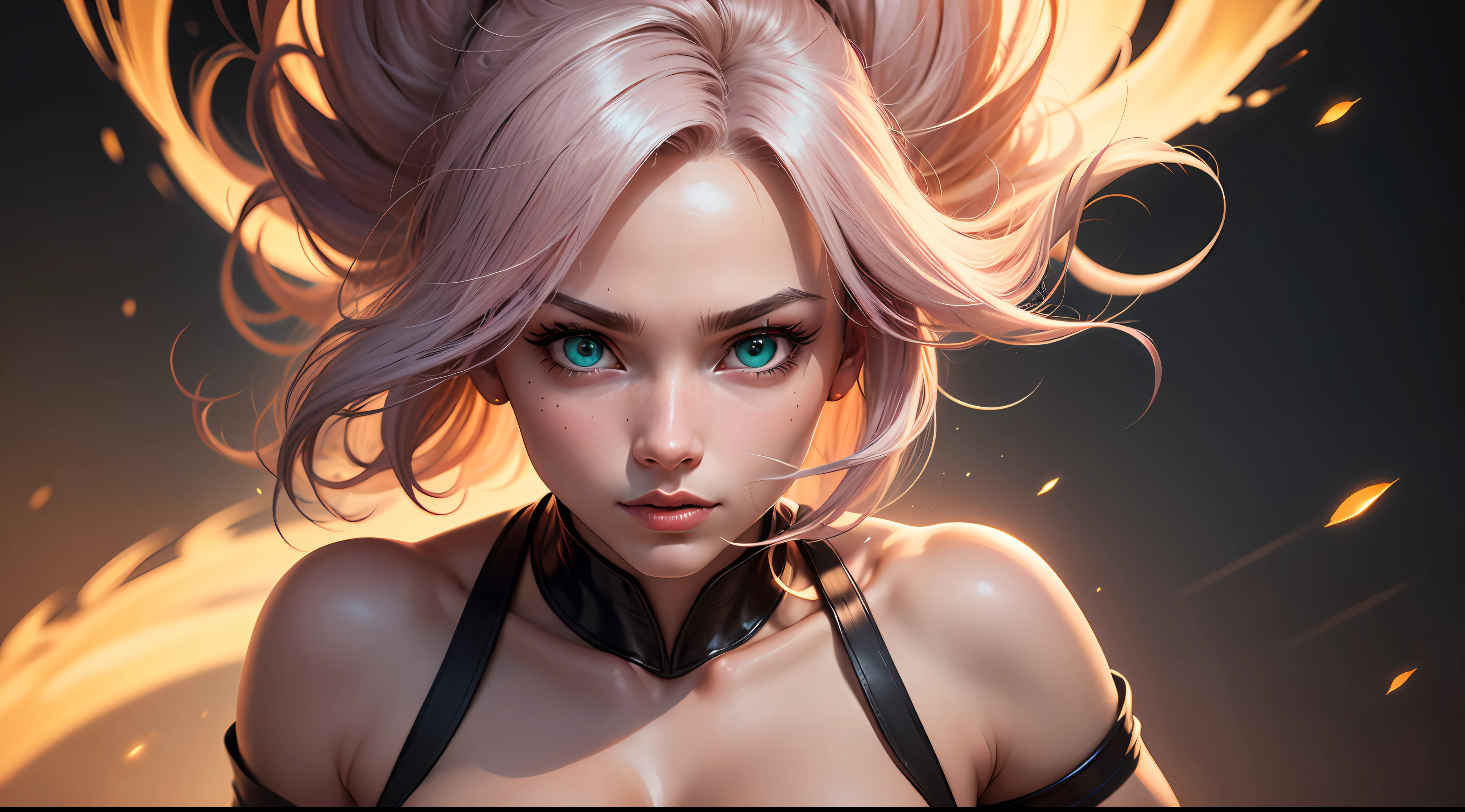 create a body full shot a stunningly beautiful women, full entire body, massive-breasted, extreem superfit body, stunning realistic photograph, SUPER SAIYAN Caulifla from anime Dragon Ball, flying in the sky with Lightning, pale-white-skin, shoulder-length detailed hairstyle, extremely detailed blond color hair, full open red skimpyfighter suit, hyper realistic lifelike texture, extremely detailed natural skin texture, extremely detailed skin with skin pores, detailed cute drooping eyes,extremely detailed beautiful green eyes, double eyelids, detailed long eyelashes, beautiful young face, peach fuzz, bangs, detailed very thin eyebrows, cute little mouth, detailed glossy fleshy white-pink lips, golden ratio face, masterpiece, absurdres, award winning photo by lee jeffries, nikon d850 film stock photograph, bioluminescence, 8 life size, perfect anatomy, 8k Resolution concept art, looking at the viewer, dynamic, cinematic light, rich colors, RAW photo, sharp focus, ultra high quality
