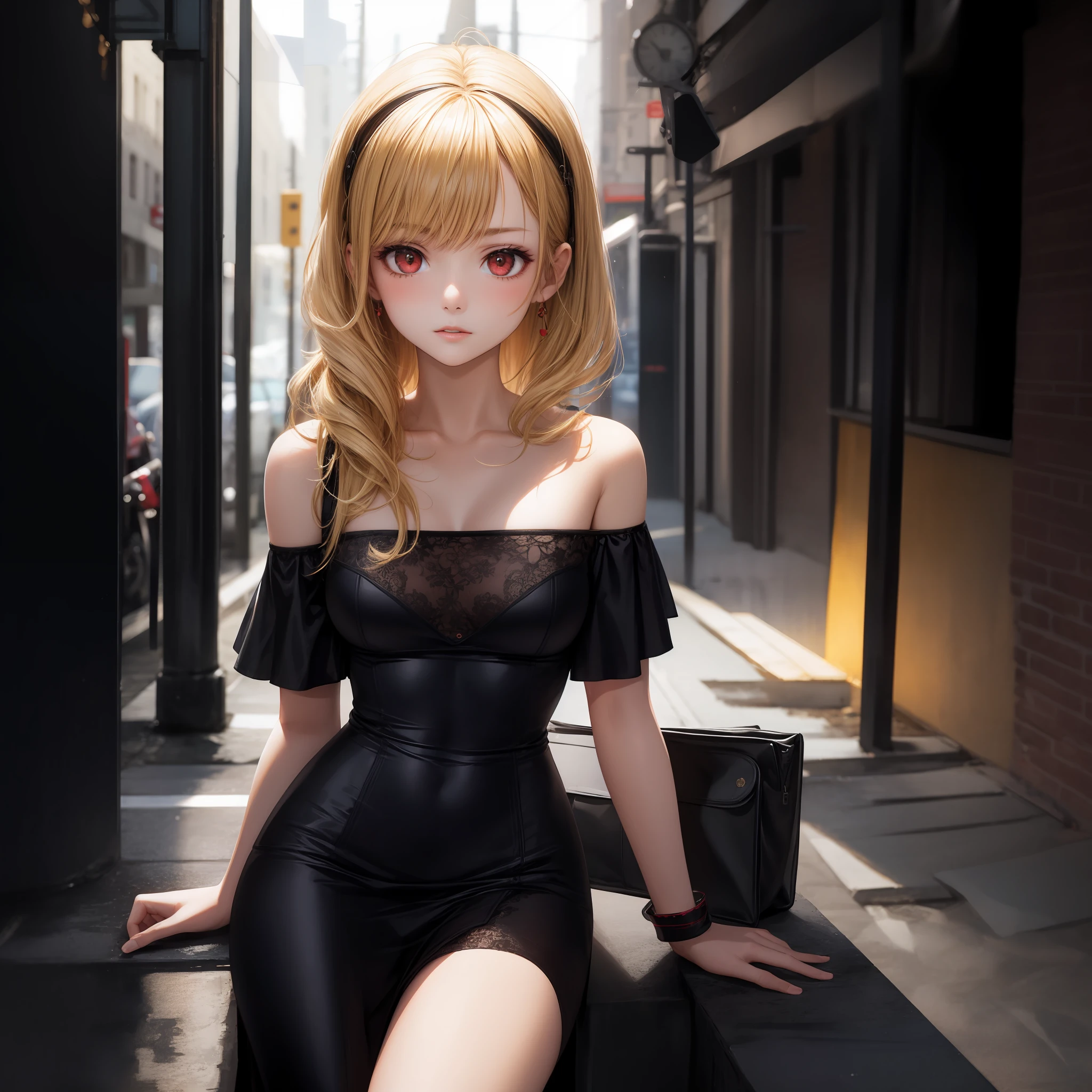 blonde, red eyes, girl, alone, solo, 1girl, off-shoulder, dress,