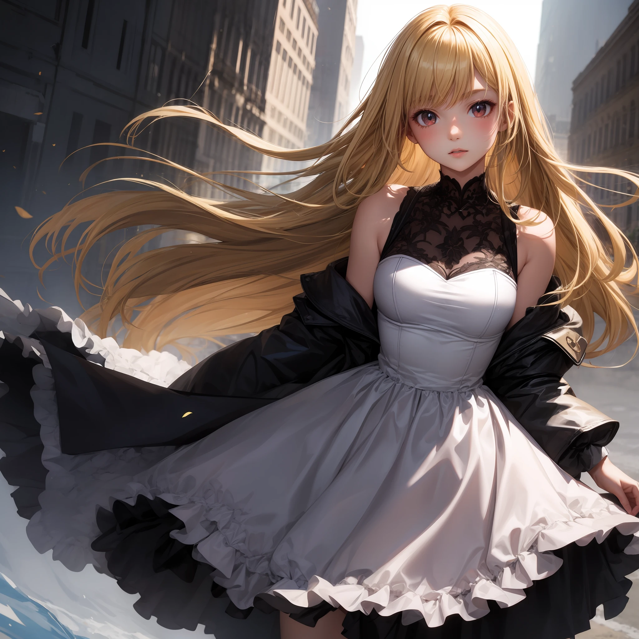 blonde, red eyes, girl, alone, solo, 1girl, fluffy dress