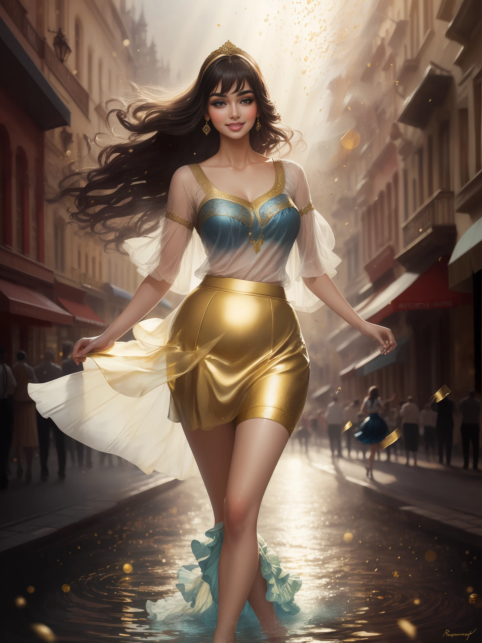 (masterpiece photography realistic ) of a (solo:1.2) alluring sexy supermodel plump Ayesha takia Aishwarya, dancing on street, wearing beautiful (sexy watercolourpunkblouse & fantasy elegant skirt:1.3), romantic town square evening celebration, magical sky, (big flowing hair with highlights), (detailed intricate face) (hair accessories), vivacious, lustful glance, exhilarated (beautiful detailed eyes:1.1) , (passionate smile:1.3) intense dramatic lighting, (confetti, gold dust, bokeh), backlit, light rays, highly detailed, trending on artstation, paint splashes, rich colour, wind all around, abstract portrait, by Ron hicks