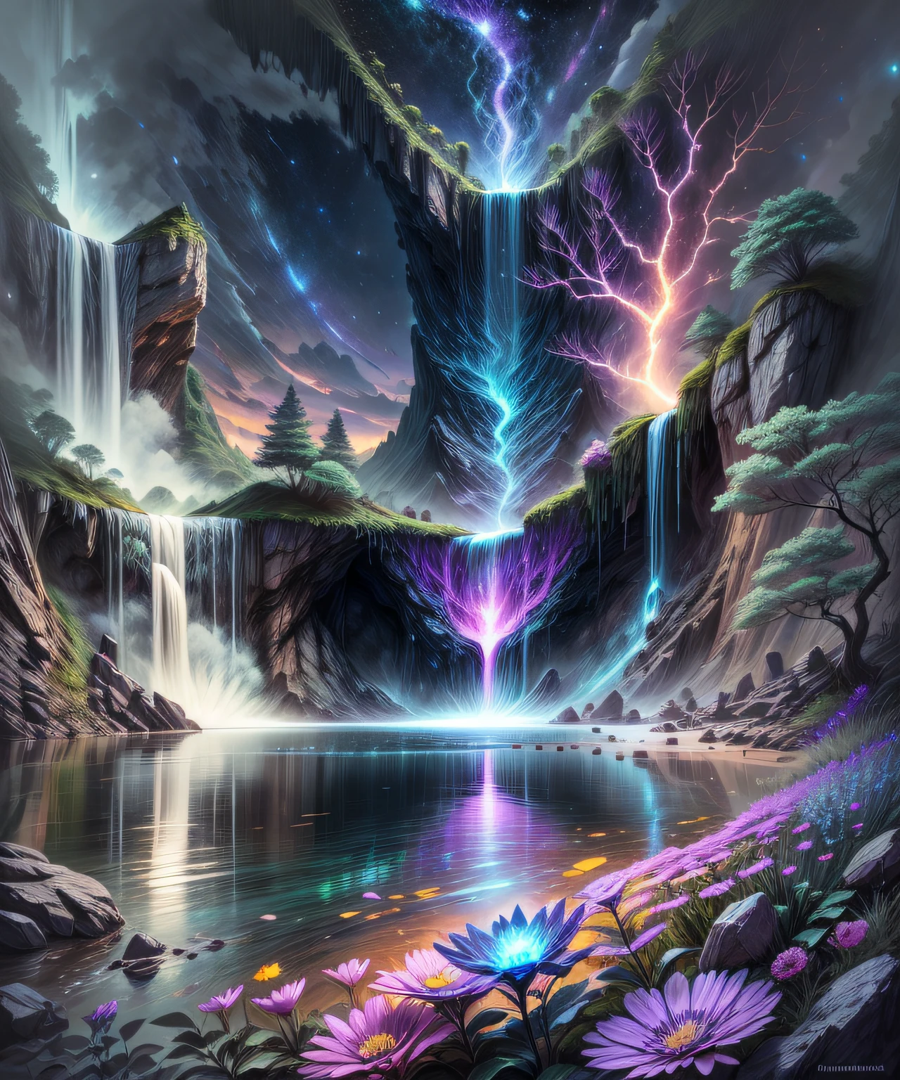 bioluminescence, waterfall, flowers, starry sky