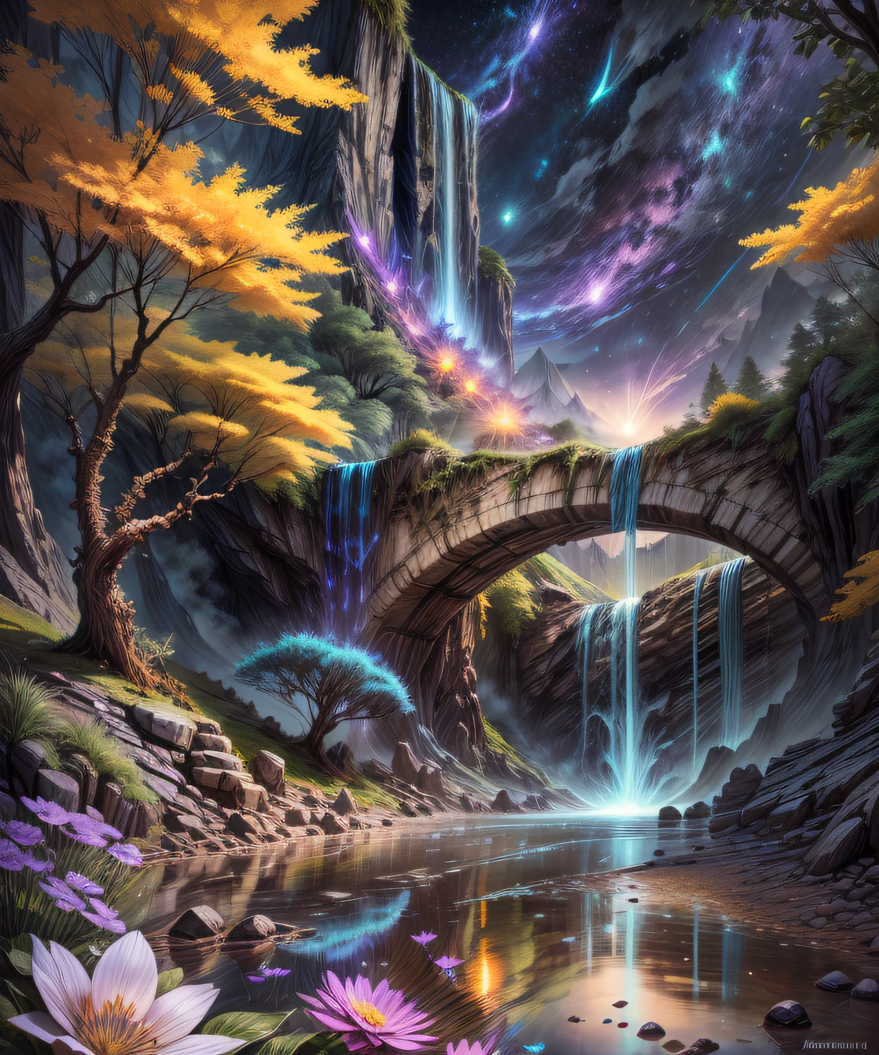 bioluminescence, waterfall, flowers, starry sky