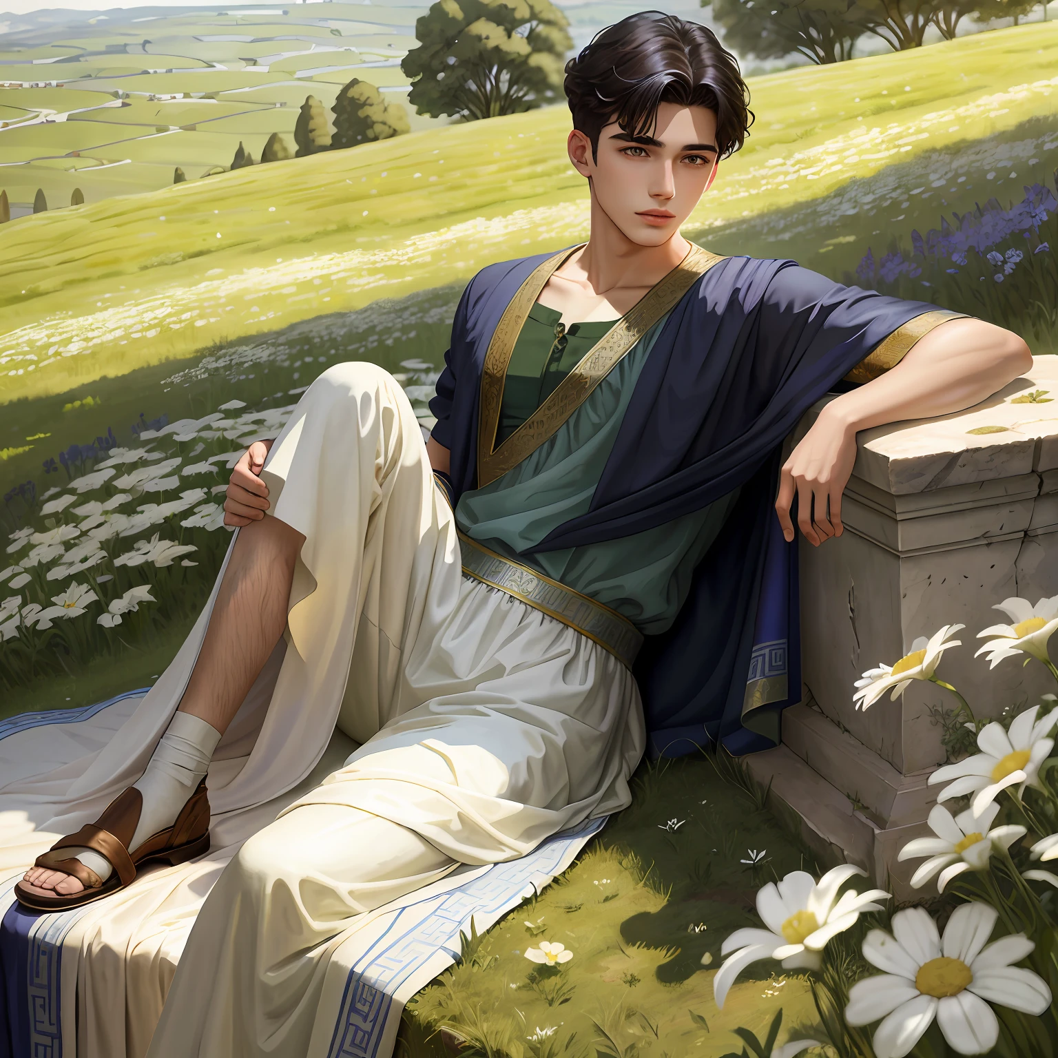 Orpheus in the meadow, ancient Greece, greek tunic, bucolic scene, young man, highly datailed, complex background