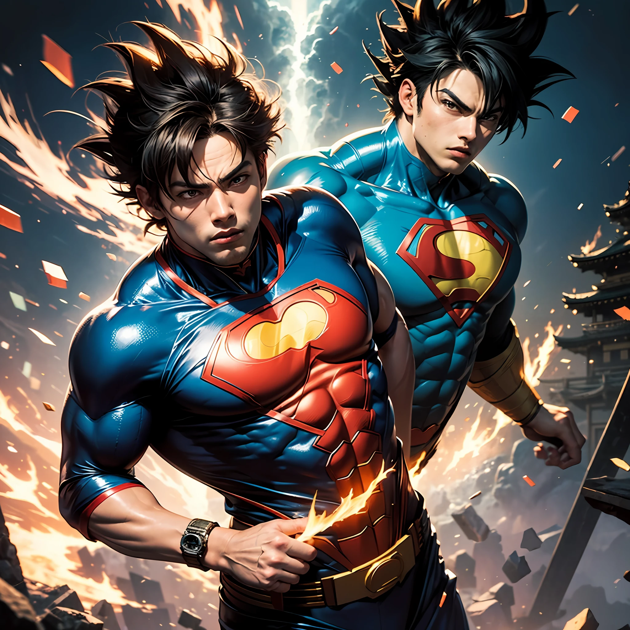 Create an image of Luiz Barsi, super man dress, blue costume with red symbol, with a super superhero physique, hair like Goku dragon ball, image background the temple of Kyoto with Sakura falling around him --auto