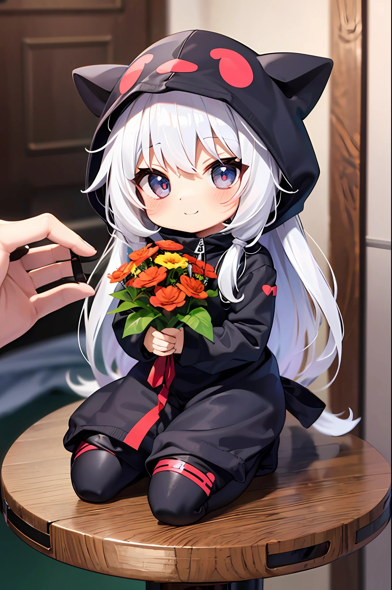 (Chibi: 1.3), happy, (holding a bouquet), full body, (Kigurumi), indoors, on the table, (Nendoroid),