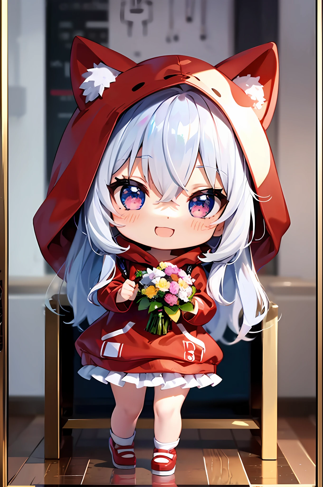 (Chibi: 1.3), happy, (holding a bouquet), full body, (Kigurumi), indoors, on the table, (Nendoroid),