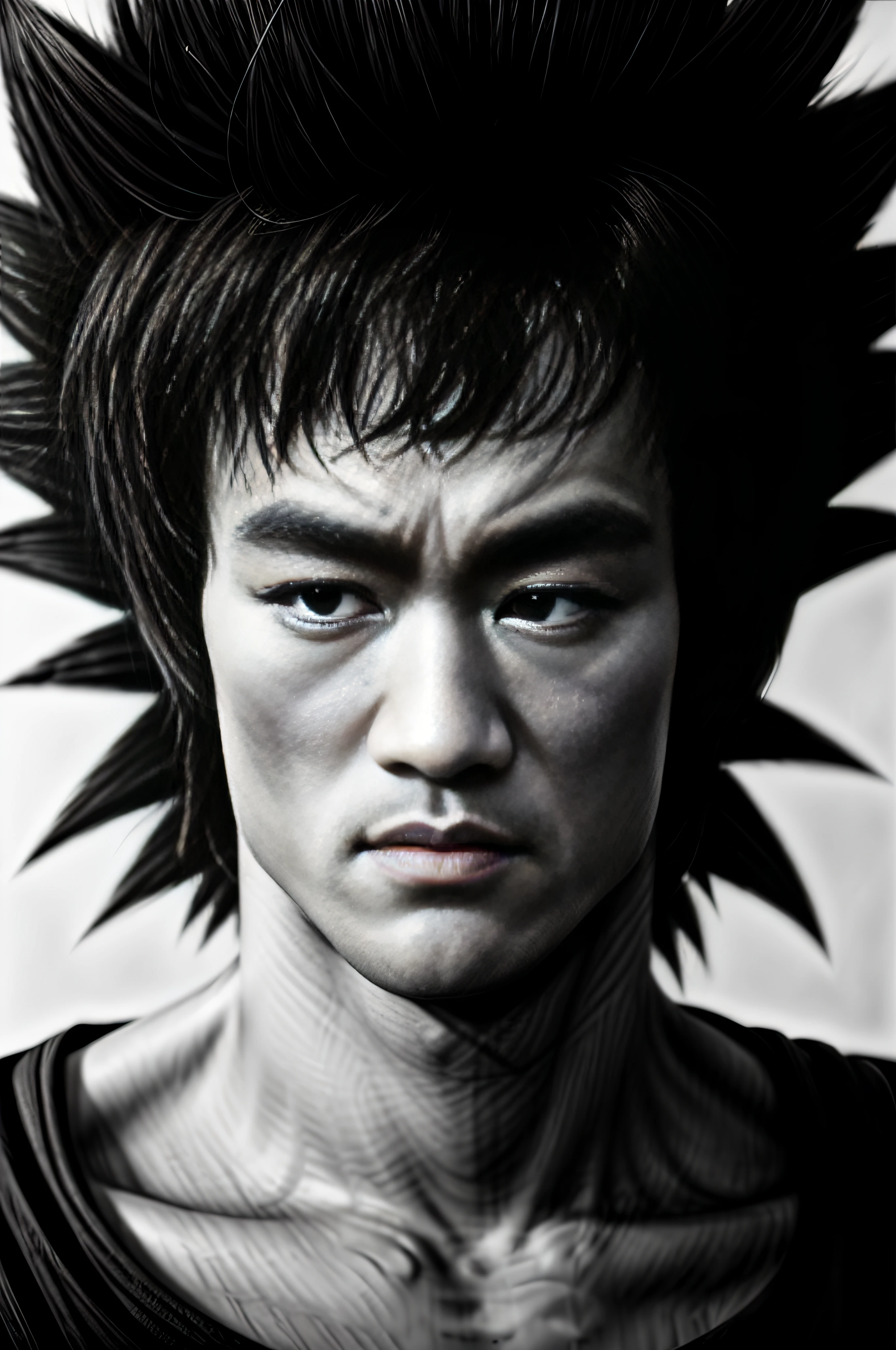 a drawing of Bruce Lee with red eyes and a beard, looking straight to the camera, highly detailed portrait of Bruce Lee, Bruce Lee portrait, portrait of Bruce Lee, photorealistic human Bruce Lee, striking manga artstyle, highly detailed angry anime face, human Bruce Lee, wild spiky black saiyan hair, dragon ball artstyle, symmetry!! portrait of Bruce Lee, digital manga art, Bruce Lee