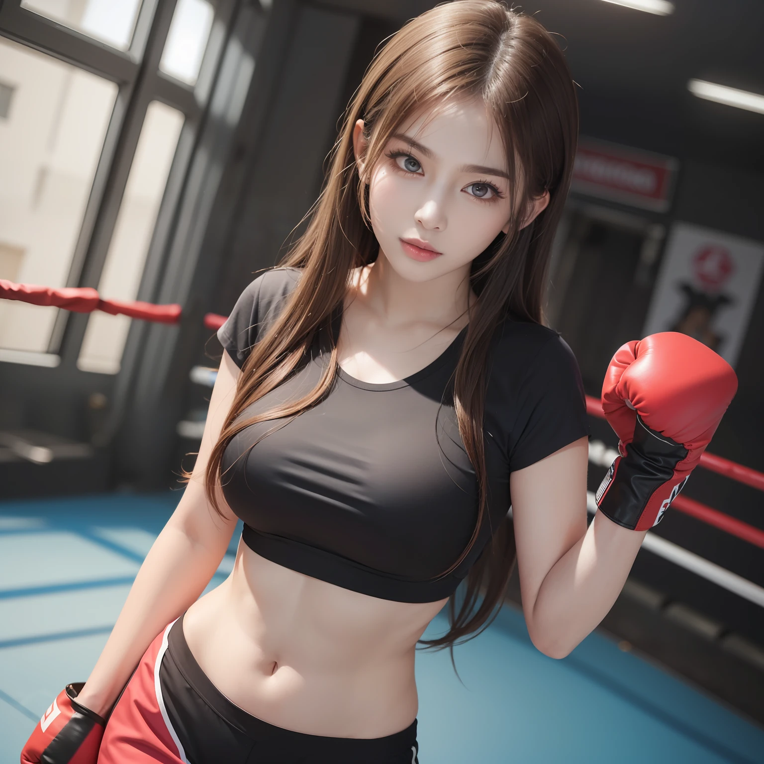 masterpiece, top quality, (realistic, photorealistic: 1.4), (RAW photo: 1.2), very elaborate CG Unity 8K wallpaper, very delicate and beautiful, wonderful, attention to detail, official art, absurdity, incredibly ridiculous, huge file size, very fine, very elaborate, beautiful eyes and face, beautiful elaborate eyes, light on the face, one girl, Long Hair, (Pom) Navel, Upper Body, pink and yellow Short Sleeved navel-baring T-Shirt, Beautiful Detailed Real Boxing Gloves, Bare Arms, Bangs, Boxing Gym, Boxing Ring, ULZZANG-6500-v1.1