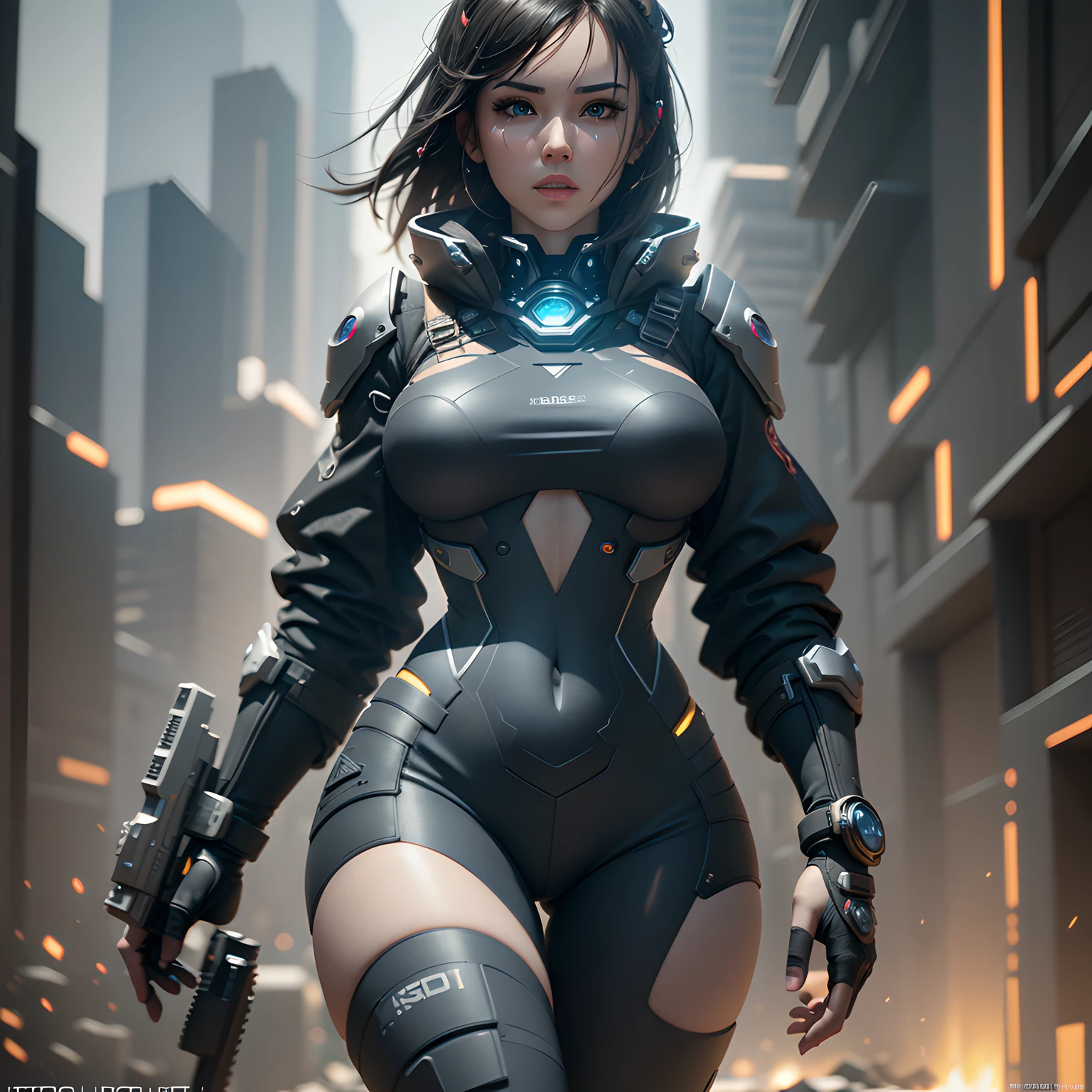 ((best quality)), ((masterpiece)), ((realistic)), (detailed), (photorealistic:1.5), a futuristic girl, (thick body), (white bodysuit), lights on armor, cybernetic headwear, looking at viewer, dynamic pose, post apocalyptic, destroyed city background, buildings on fire, science fiction, hdr, ray tracing, nvidia rtx, super-resolution, unreal 5, subsurface scattering, pbr texturing, post-processing, anisotropic filtering, depth of field, maximum clarity and sharpness, rule of thirds, 8k raw, (luminescent particles:1.4), (extremely detailed cg, unity 8k wallpaper, 3d, cinematic lighting, lens flare), reflections, sharp focus, cyberpunk art, cyberpunk architecture, --auto