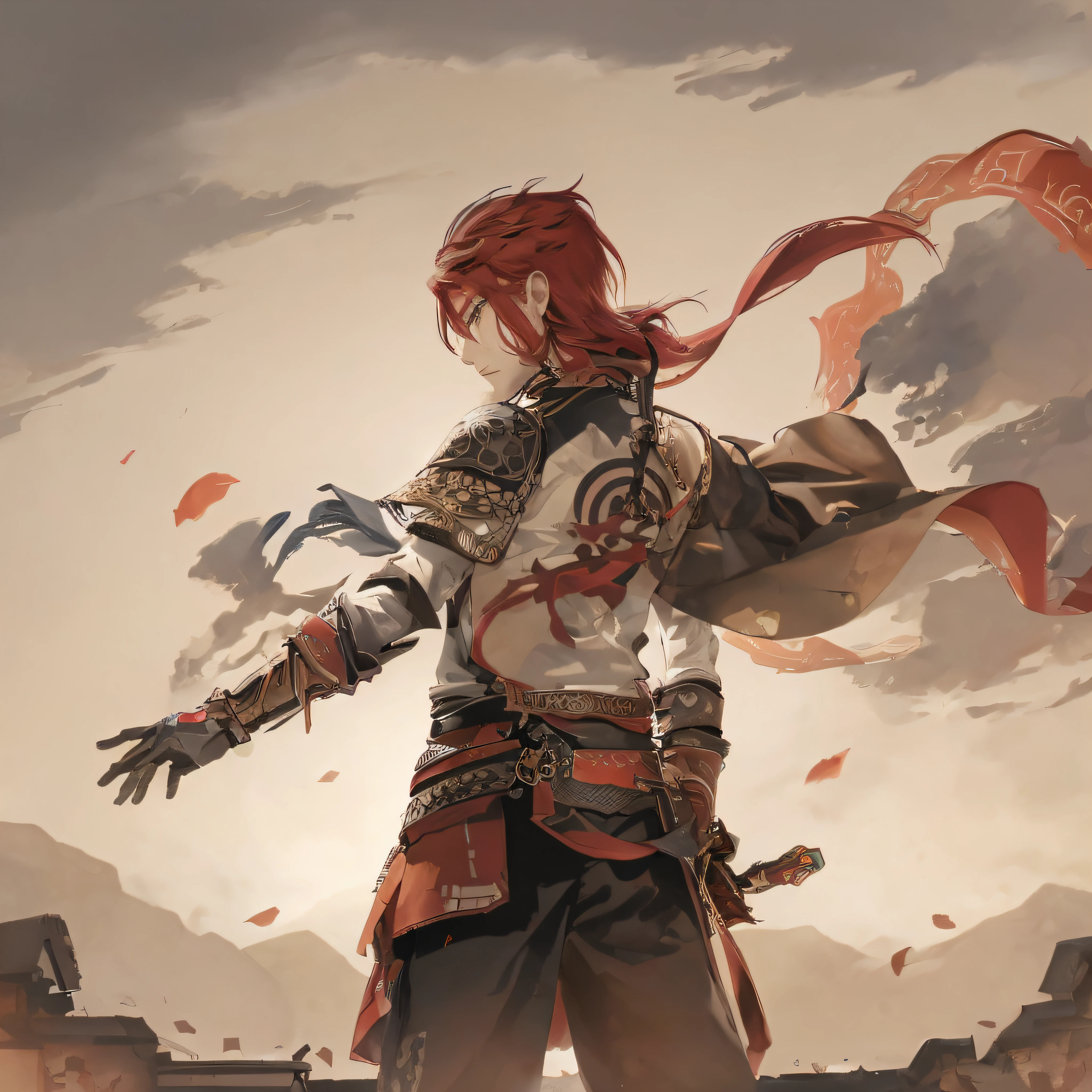 The characters are reduced, the background is emphasized, and the sky is reddish and somewhat similar to the setting sun