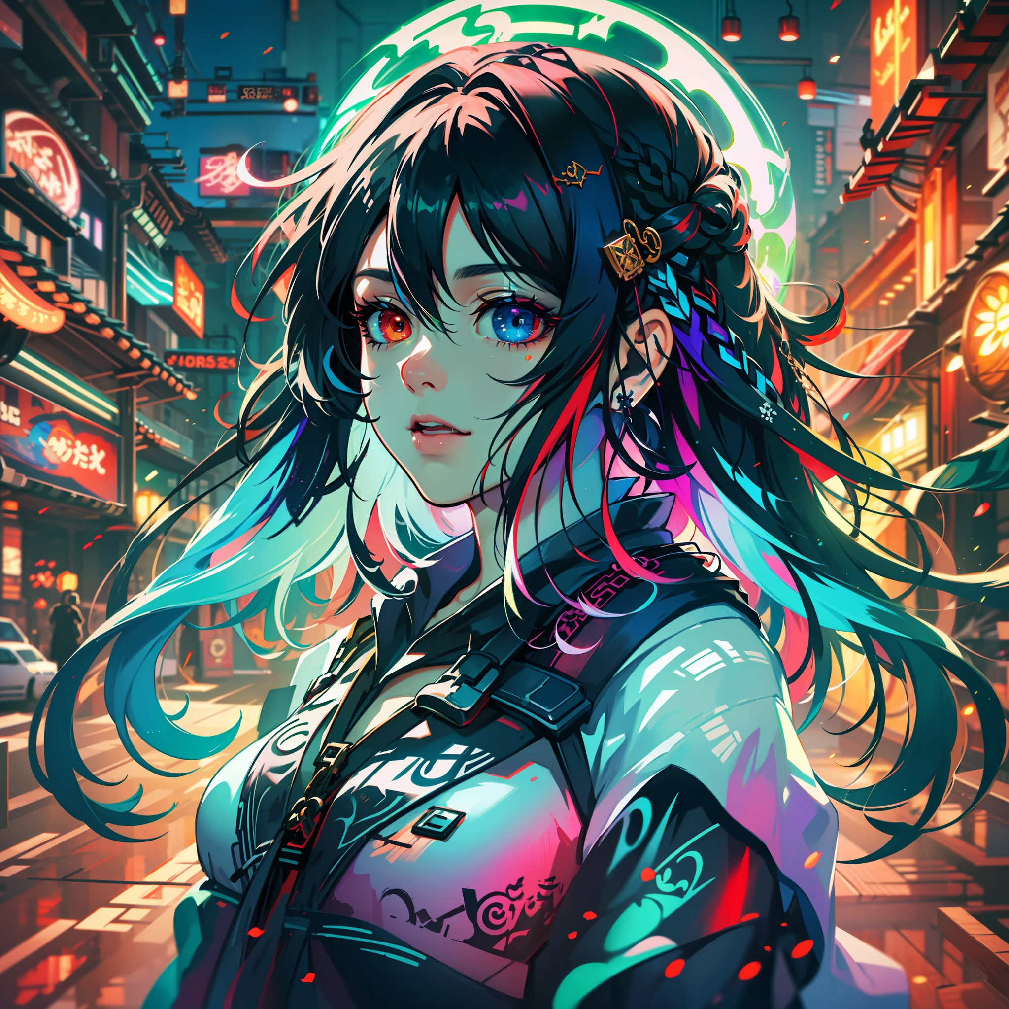 {{masterpiece}}, best quality, extremely detailed CG unity 8k wallpaper, cinematic lighting, lens flare, beautiful detail eyes, black, side glance, multicolor hair, colorful light, particles, heterochromia, (colorful:1.5), (colorful hair:1.5),