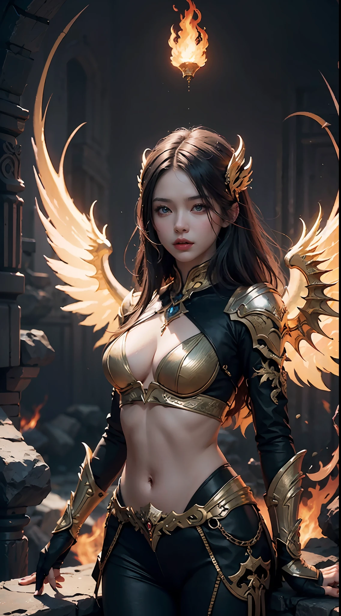 (extremely detailed CG unity 8k wallpaper), (masterpiece), (best illumination, best shadow, ultra-detailed), a close up of a woman with wings on a fire, by Yang J, 4k fantasy art, epic fantasy digital art style, 2. 5 d cgi anime fantasy artwork, with fiery golden wings of flame, detailed digital 2d fantasy art, fantasy art behance, epic fantasy art style, 8k fantasy art, hd fantasy art, chengwei pan on artstation