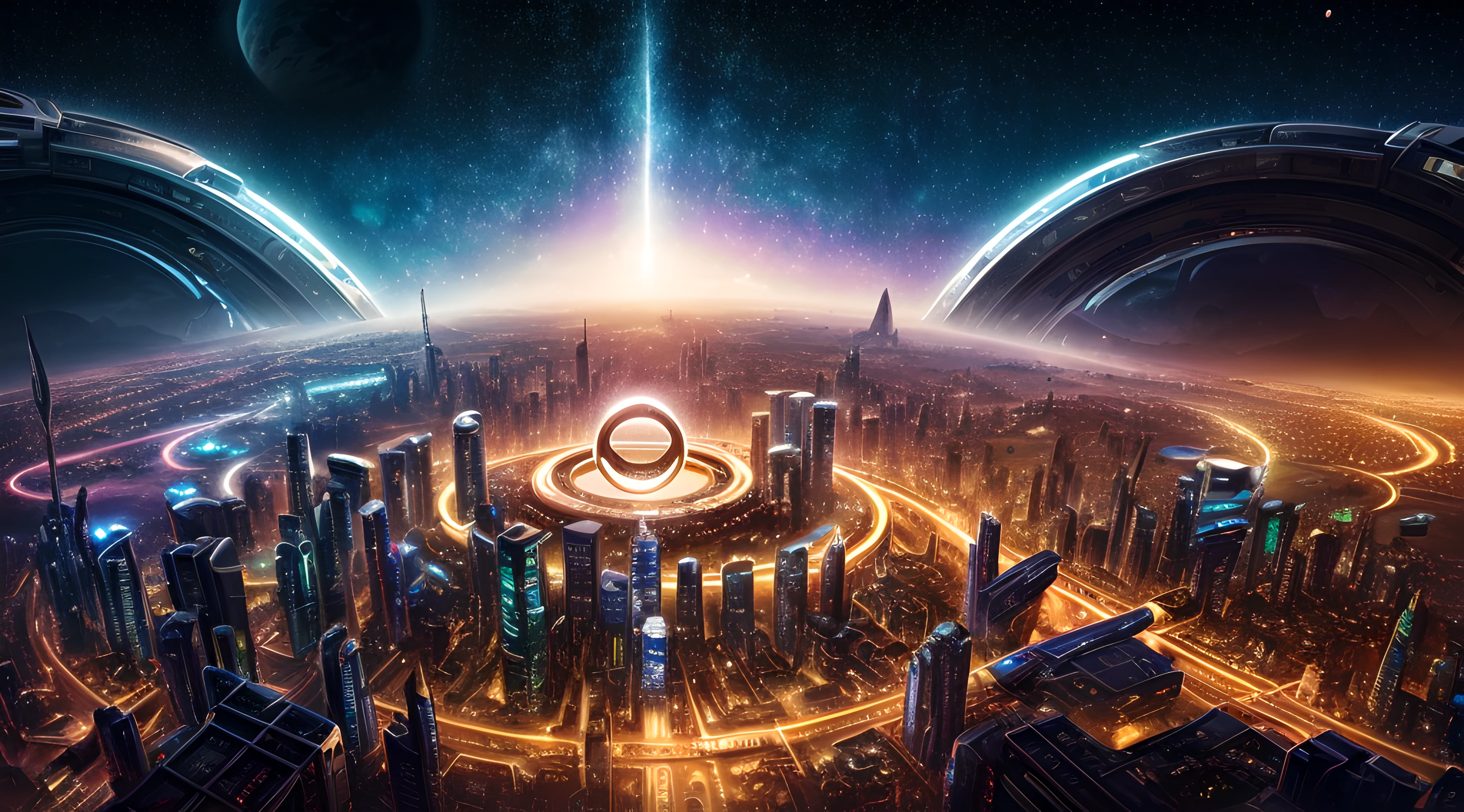 (best quality,masterpiece:1.2),(ultra-detailed background,detailed background,intricate detail,:1.1),
8k,RAW photo,realistic,epic,visually stunning,(multicolored halo),
(planetary ring:1.05),moonscape, (futuristic sci fi city:1.1),night,galaxy sky,