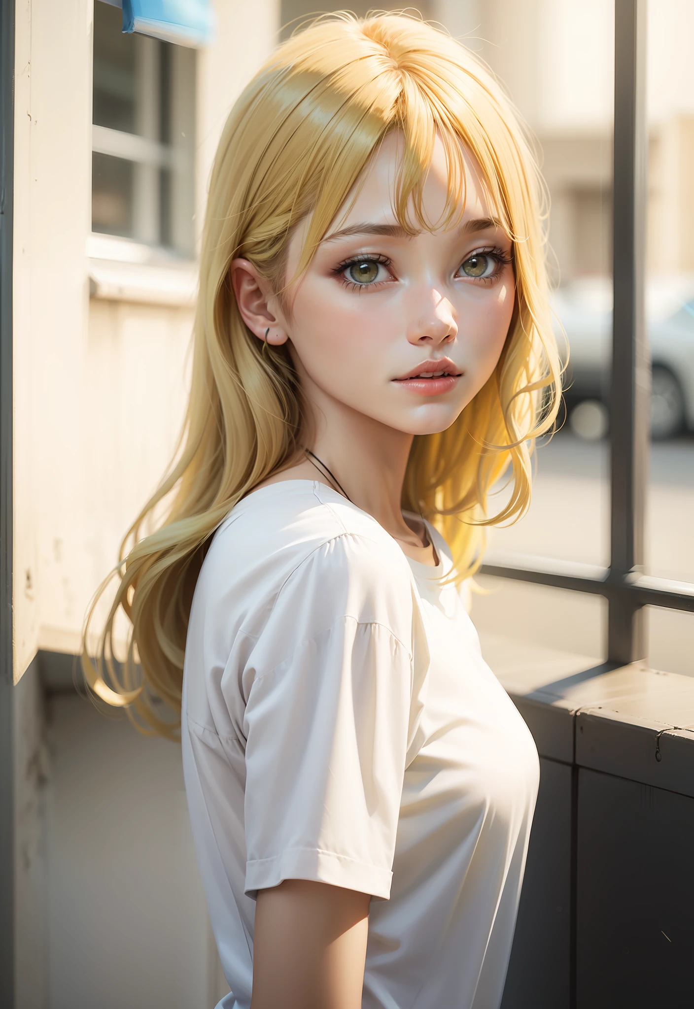 1girl, yellow hair, realistic, White shirt, ultra detail,