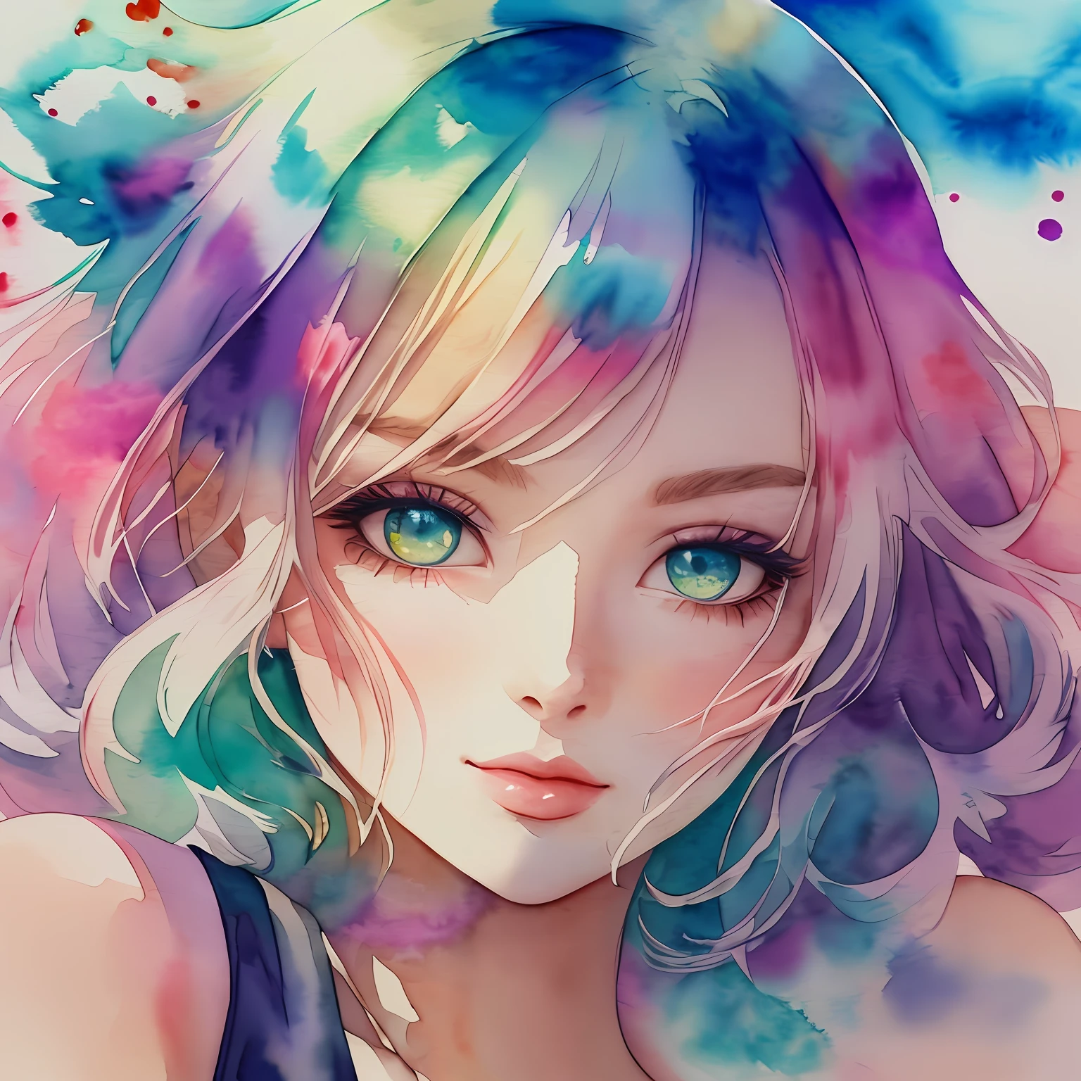 (Best Quality), (Masterpiece: 1.2), (Colorful: 0.9), (Ink Splash), (Color Splash), ((Watercolor)), Sharp Focus, (Portrait Summer Goddess: 1.5), Cute Look, Elegant Pastel Haircut, Beautiful and Detailed Face and Eyes, Elegant Clothes, Summer Sea Background, Colored Water