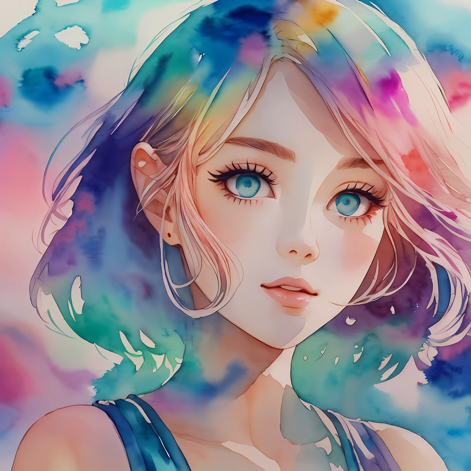 (Best Quality), (Masterpiece: 1.2), (Colorful: 0.9), (Ink Splash), (Color Splash), ((Watercolor)), Sharp Focus, (Portrait Summer Goddess: 1.5), Cute Look, Elegant Pastel Haircut, Beautiful and Detailed Face and Eyes, Elegant Clothes, Summer Sea Background, Colored Water