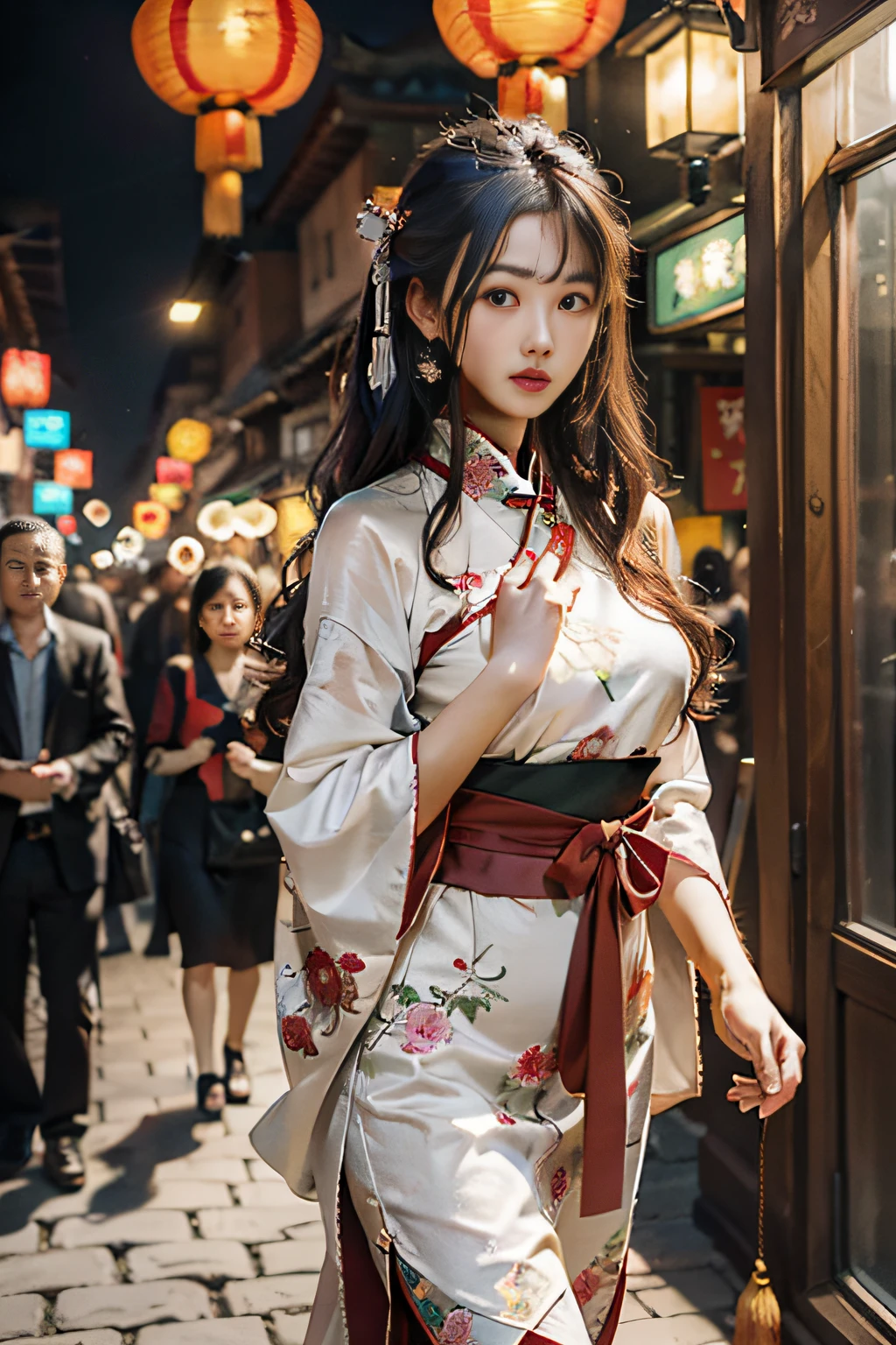 woman in kimono walking down a street in a city, hanfu, japanese kimono, white hanfu, kimono, japanese clothes, wearing kimono, classy yukata clothing, in kimono, yukata clothing, japaneese style, japanese model, japanese goddess, wearing a kimono, traditional geisha clothing, elegant japanese woman, classic kimono, long beautiful flowing kimono