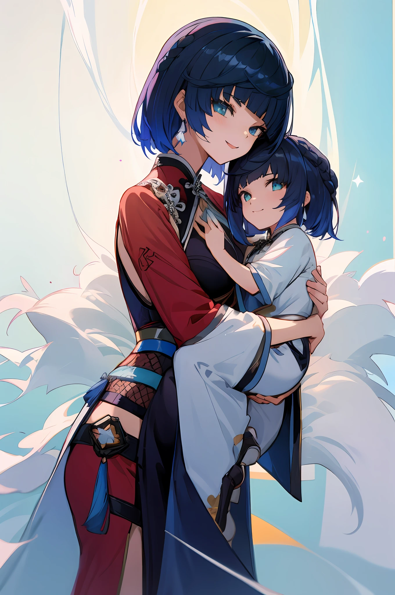 anime image of two women dressed in traditional china clothing in a night full of stars, palace a girl in hanfu, wlop and sakimichan, short hair, blue haired deity, characters from azur lane, anime fantasy illustration, from the azur lane videogame, genshin, artwork in the style of guweiz, cultivator detailed art, two beautiful anime girls, mother and child, symbol of maternal love, mother and child, such as photos of mother and child, mischievous smile