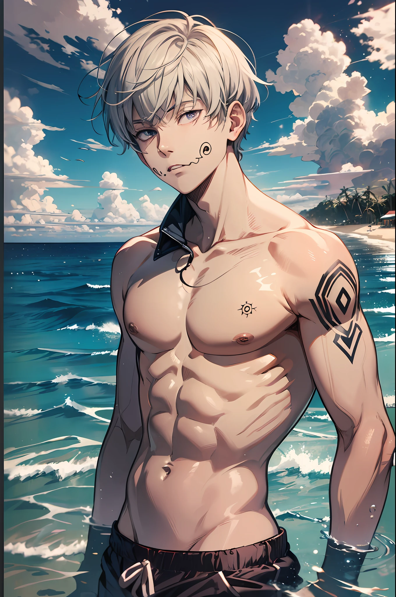 (absurdres, highres, ultra detailed, HDR), masterpiece, best quality, 1boy, solo, handsome, short hair, i((numaki toge)), ((facial tattoo)), white hair, closed mouth, open shirt, swim trunks, beach, clear sky and horizon, sunny, windy, from side