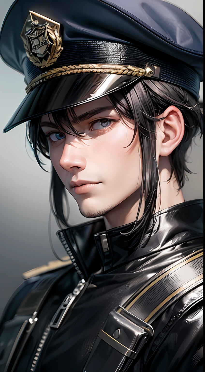1 male policeman, Japanese anime style, looking at the camera, full of doubts, close-up of the face, close-up