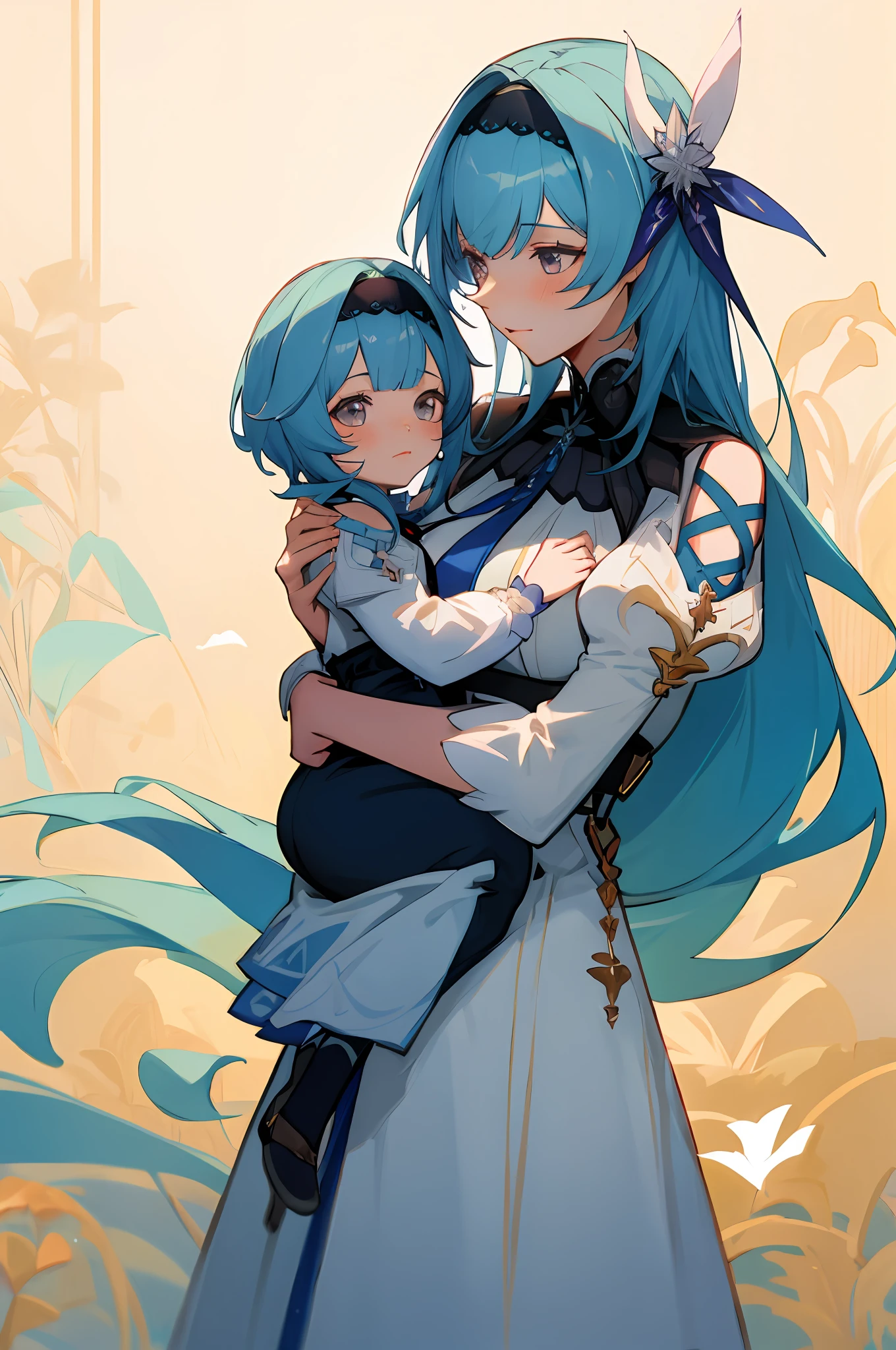 anime image of two women dressed in dress posing for a picture like princess clothing in summer, beautiful decoration on dress, palace a girl in palace, long hair, blue haired , anime fantasy illustration, from the azur lane videogame, genshin, Royal Princess detailed art, two beautiful anime girls, mother and child, symbol of maternal love, mother and child, such as photos of mother and child, Embarrassed, royal castle