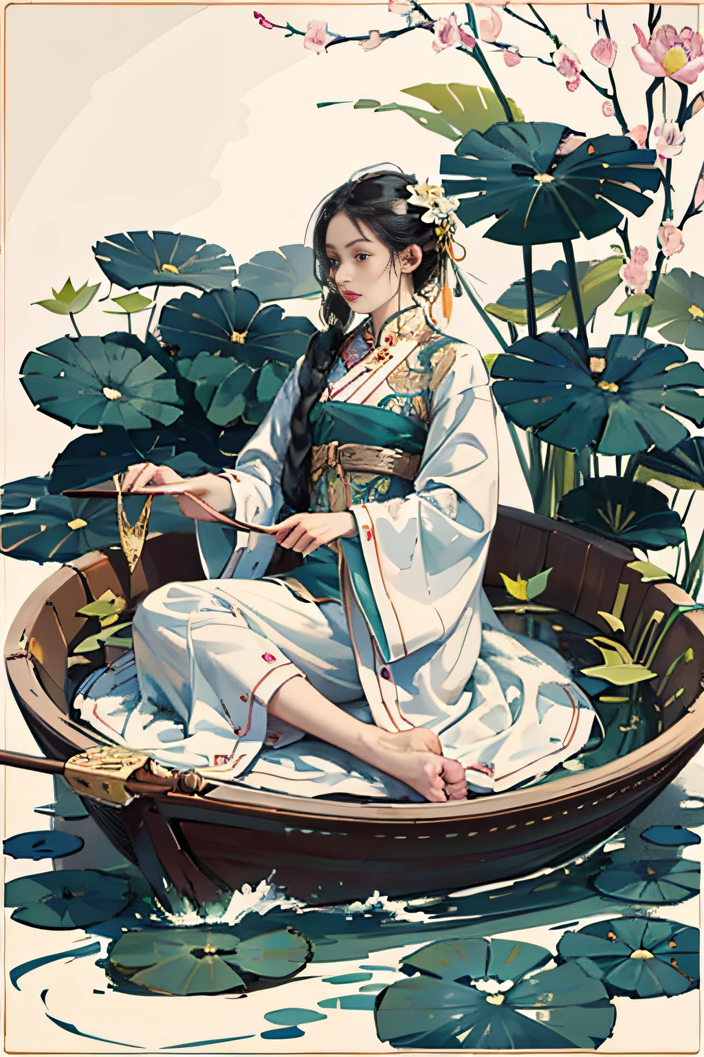 Ancient Chinese beauty sitting on wooden boat, wearing ancient Chinese clothing, flowing tulle, light silk, lazy pose, large lotus leaves, lotus flowers, lotus root, ink painting style, clean colors, decisive cutting, white space, freehand, masterpiece, super detailed, epic composition, high quality, highest quality, 4k --v 6