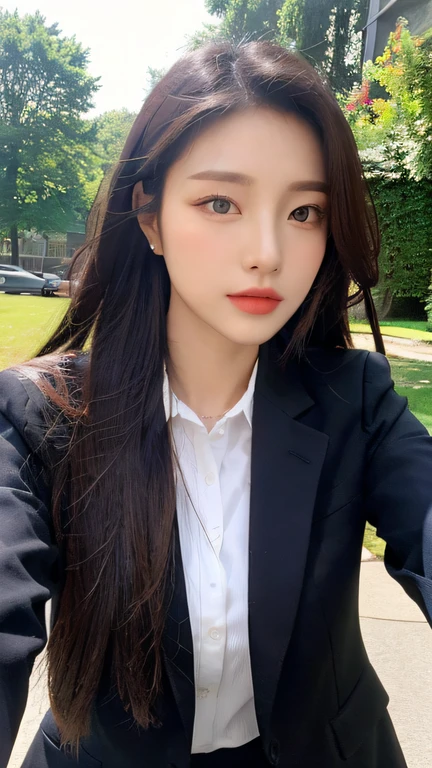 outside, beauty, long, hair black, suit black,