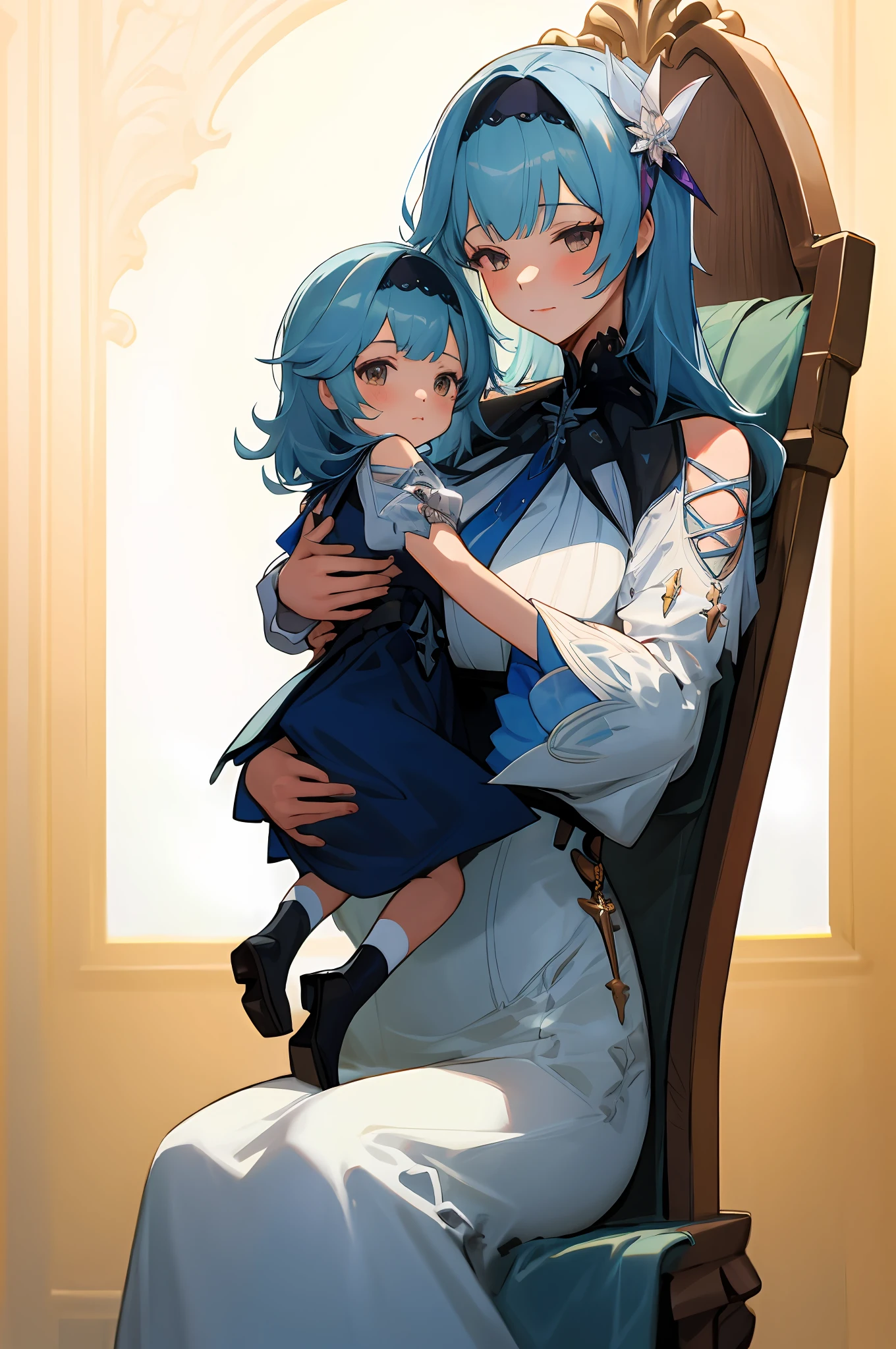 anime image of two women dressed in dress posing for a picture like princess clothing in summer, beautiful decoration on dress, palace a girl in palace, long hair, blue haired , anime fantasy illustration, from the azur lane videogame, genshin, Royal Princess detailed art, two beautiful anime girls, mother and child, symbol of maternal love, mother and child, such as photos of mother and child, Embarrassed, royal castle, sit on the royal chair