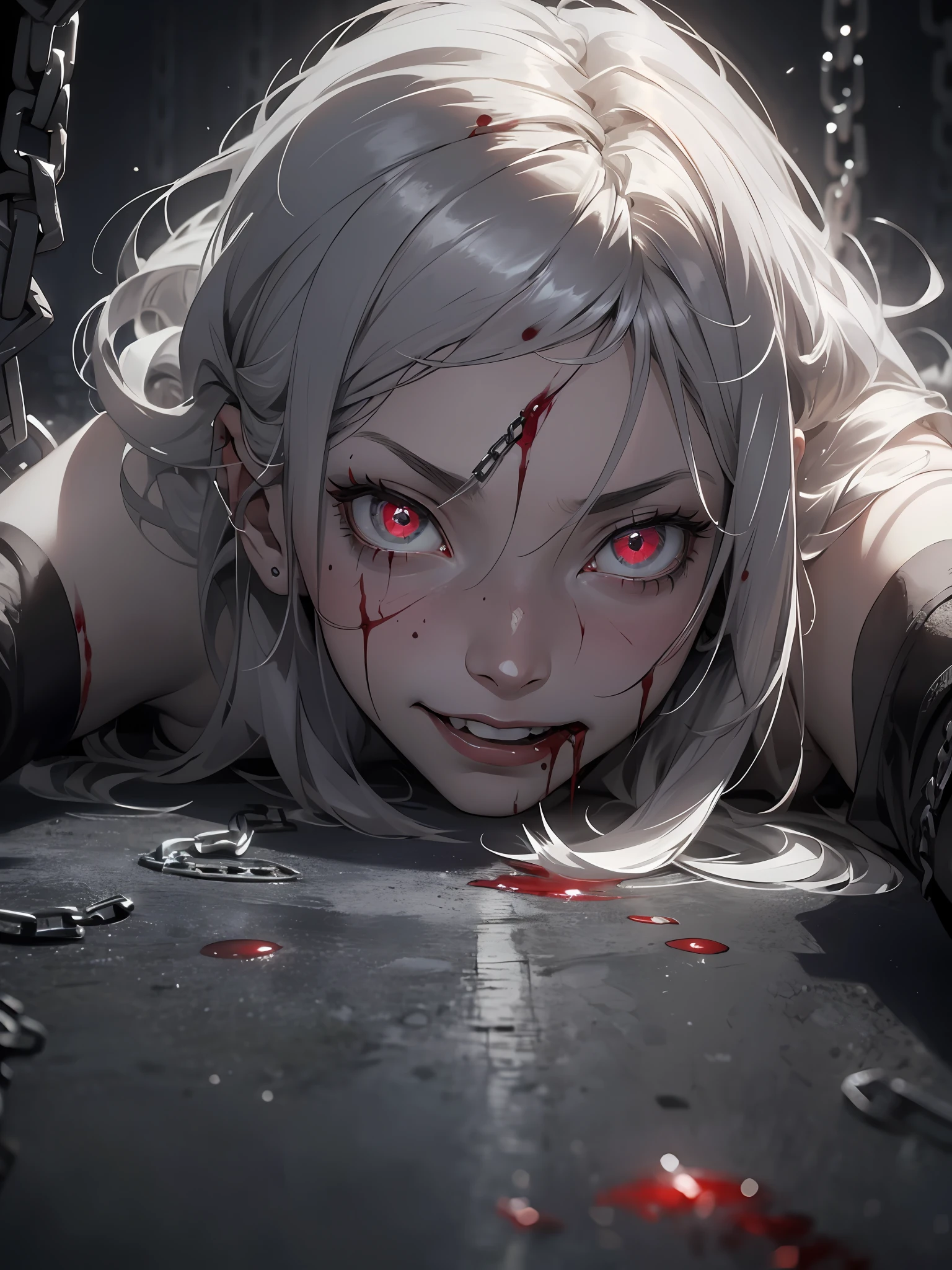 masterpiece, best quality, 1 girl, supine, lying face down on the floor, pale skin, messy hair, red eyes, glowing eyes, creepy, creepy smile, crazy expression, blood on face, blood on clothes, naked, creepy, scary, blood, horror, light particles, night, iron bracelets with chains