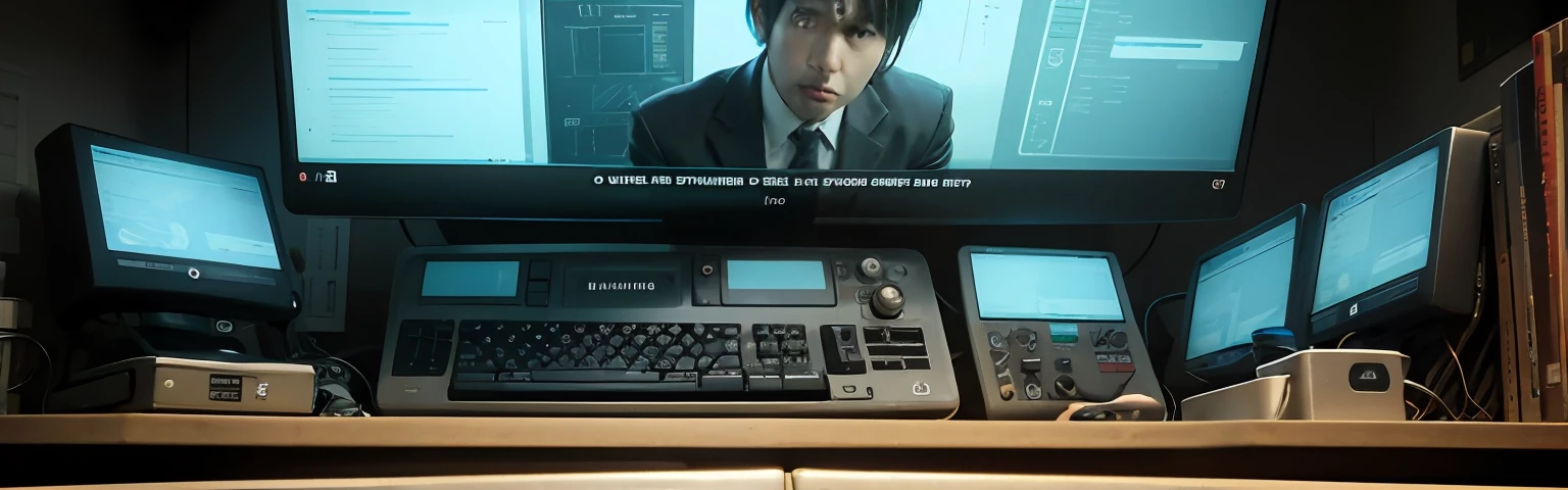 there is a man in a suit sitting at a desk with a computer, ryoji, psycho pass, sci-fi computer, hajime isayama, movie screen shot, mamoru oshii, tomohiro shimoguchi, style of hajime isayama, hiroyuki kato, subtitles, アニメ, futuristic computer