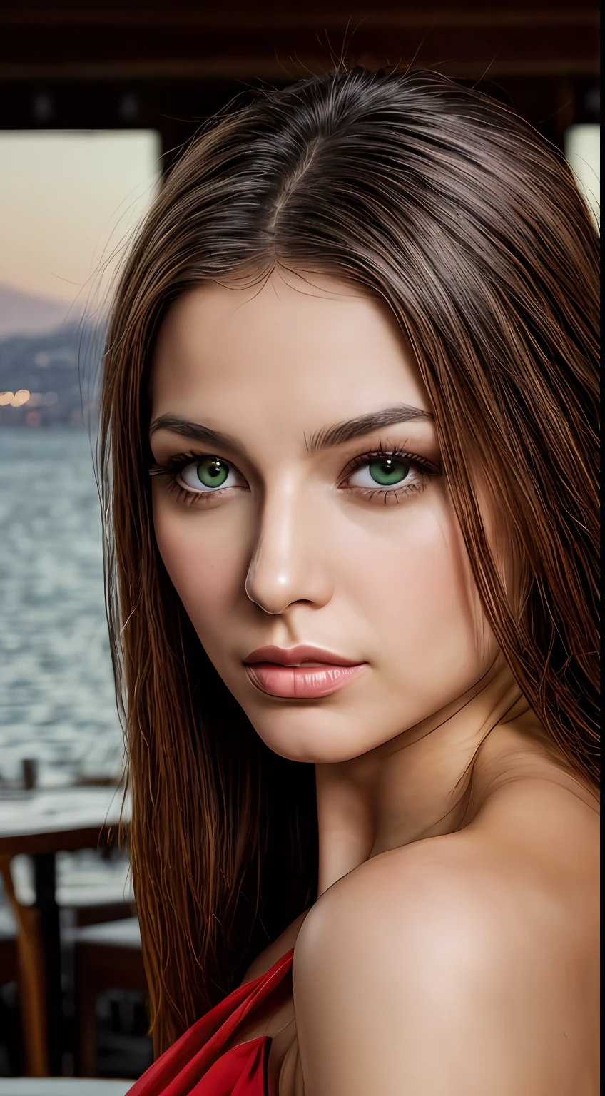 closeup portrait of a young sexy green eyed pale skin Turkish woman with beautiful red dress in a restaurant overlooking the Bosphorus in istanbul , symmetrical face, Outdoor lighting, Brooding atmosphere, sharp eyes, her face is at the center of the potrait