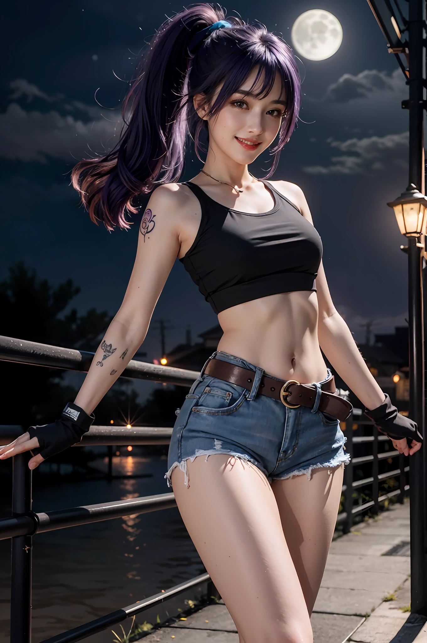 (masterpiece, best quality), 1girl, ponytail, grin, confident, (violet hair:1.4), tattoos, ((black crop top)), denim shorts, brown eyes, fingerless gloves, night street, moonlight, belt, detailed eyes,