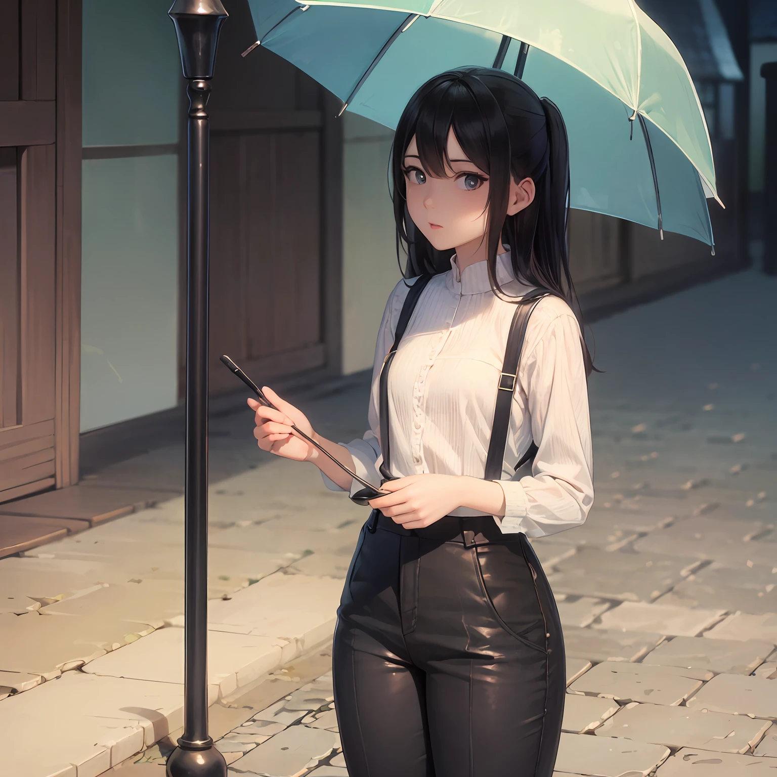 Help me draw a Chinese girl with a height of 155, a weight of 40KG, and a chest circumference of 30C, big eyes, long hair, wearing a black tight suspender on the upper body, revealing a small man's waist, over-the-knee black wide-leg pants, high heels, holding a transparent umbrella, standing under a street lamp, carrying a white small bag, waiting for her lover --auto